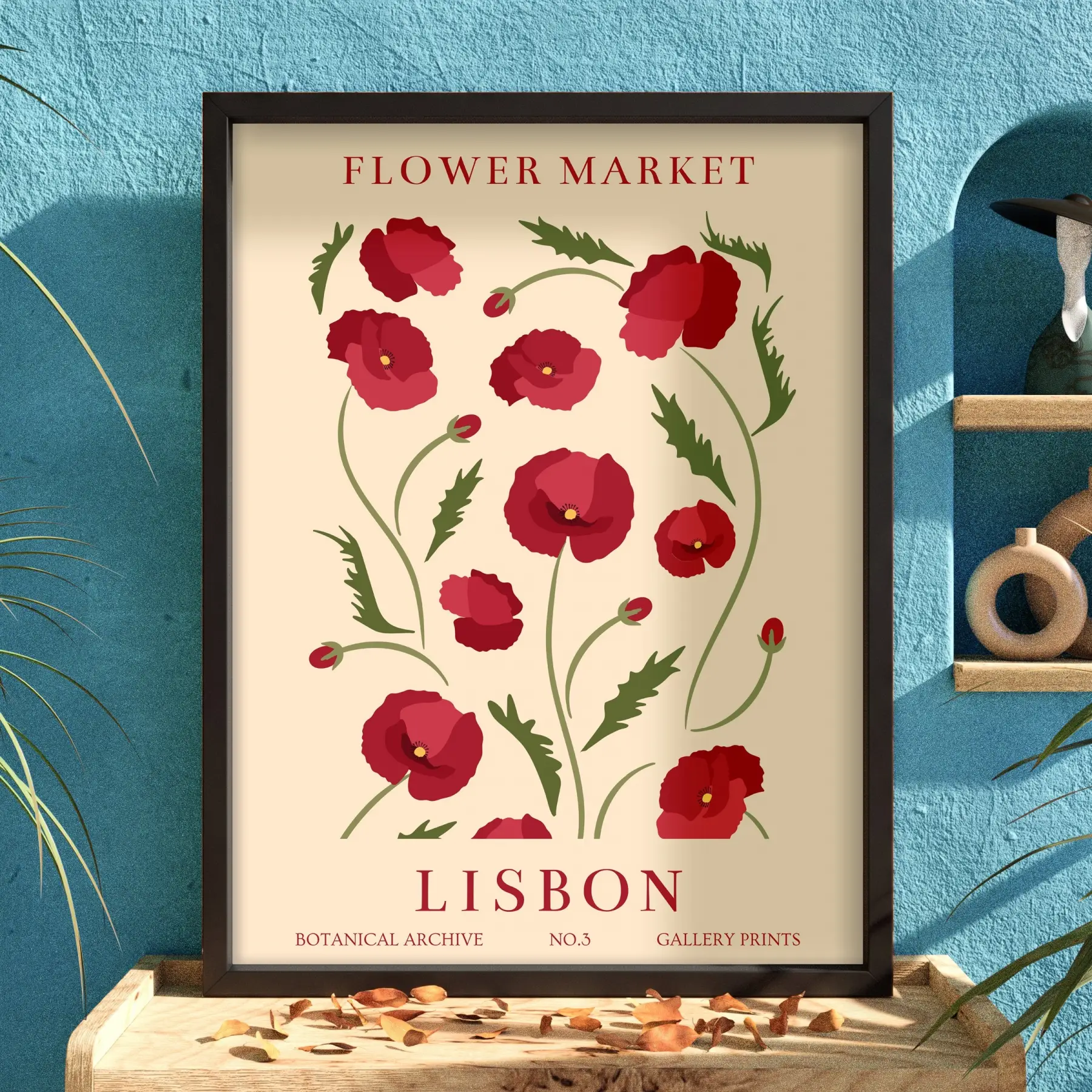 Lizbon Kırmızı Gelincik Siyah Ahşap Çerçeveli Tablo Ev Aksesuarları Modern Sanat İç Mekan