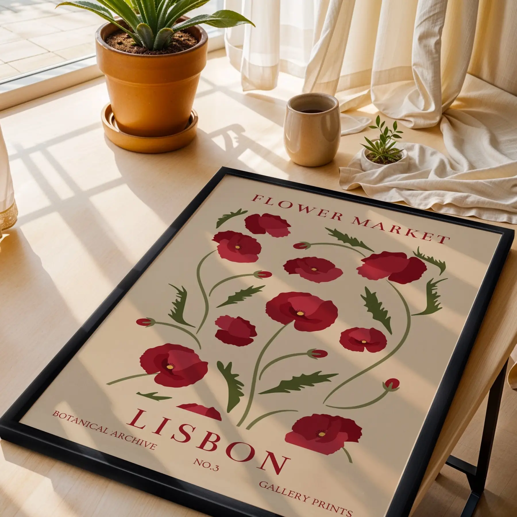 Lizbon Kırmızı Gelincik Siyah Ahşap Çerçeveli Tablo Ev Aksesuarları Modern Sanat İç Mekan