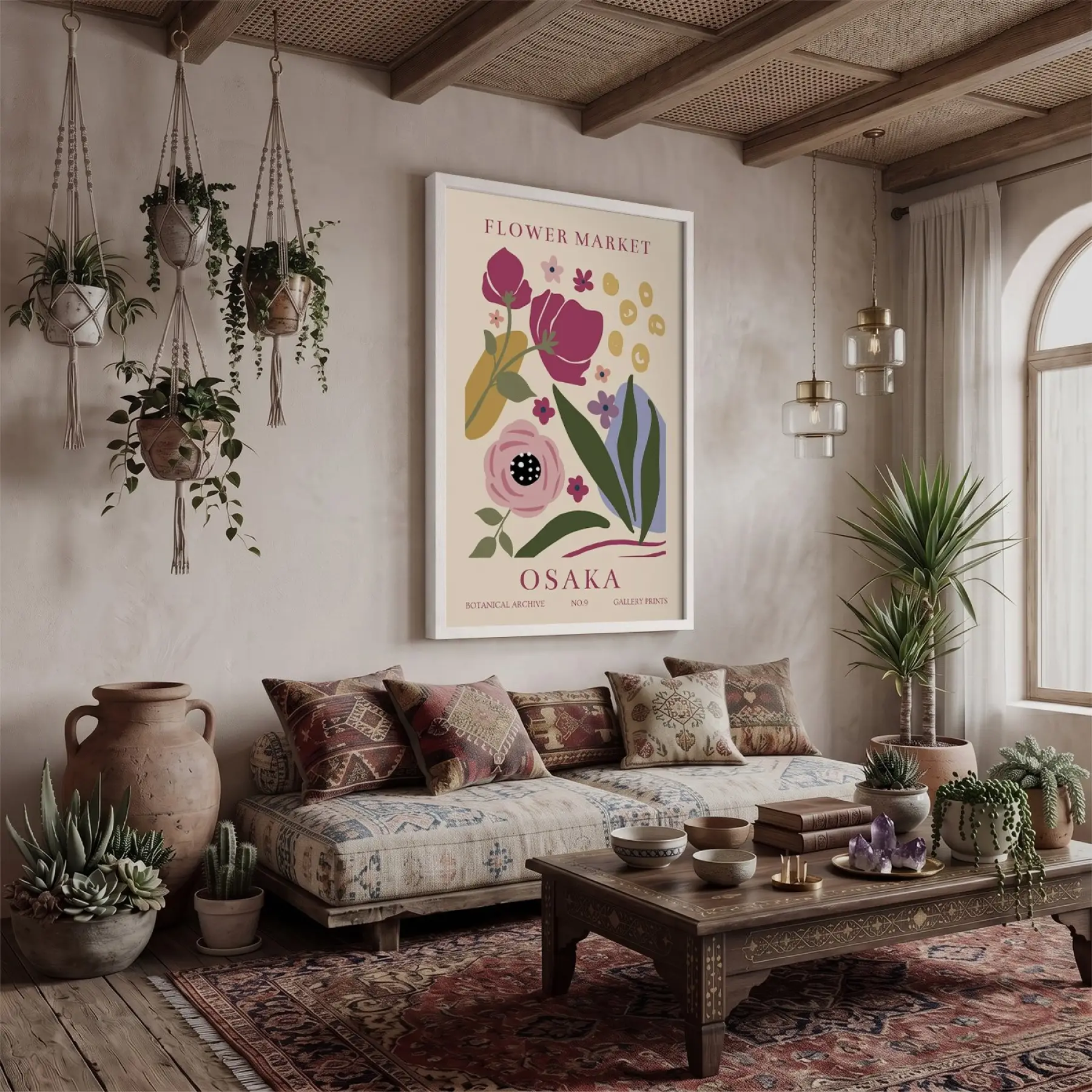 Osaka Çiçek Pazarı Beyaz Ahşap Çerçeveli Tablo Bohem Dekorasyonu Poster Obje Ev Aksesuarları