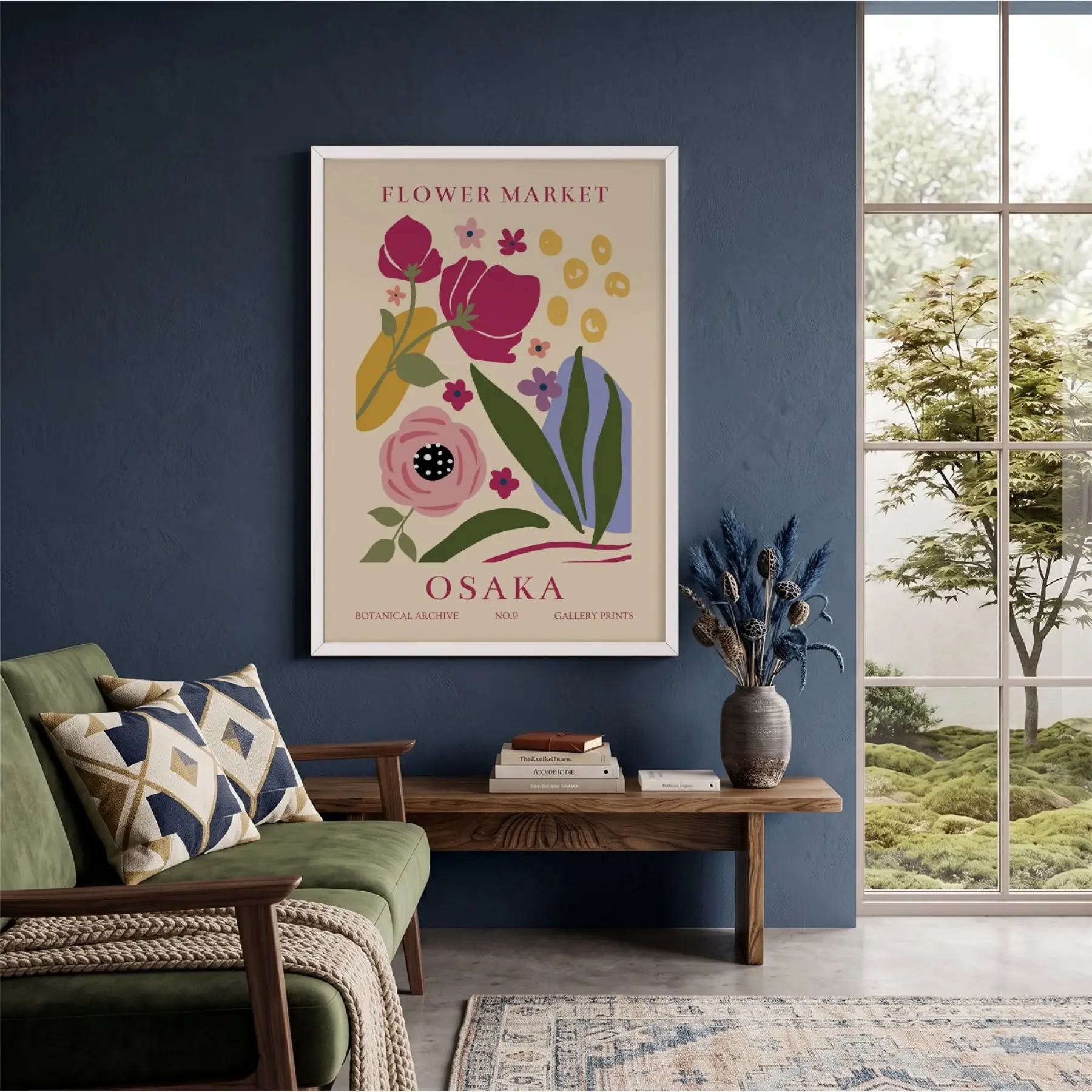 Osaka Çiçek Pazarı Beyaz Ahşap Çerçeveli Tablo Bohem Dekorasyonu Poster Obje Ev Aksesuarları