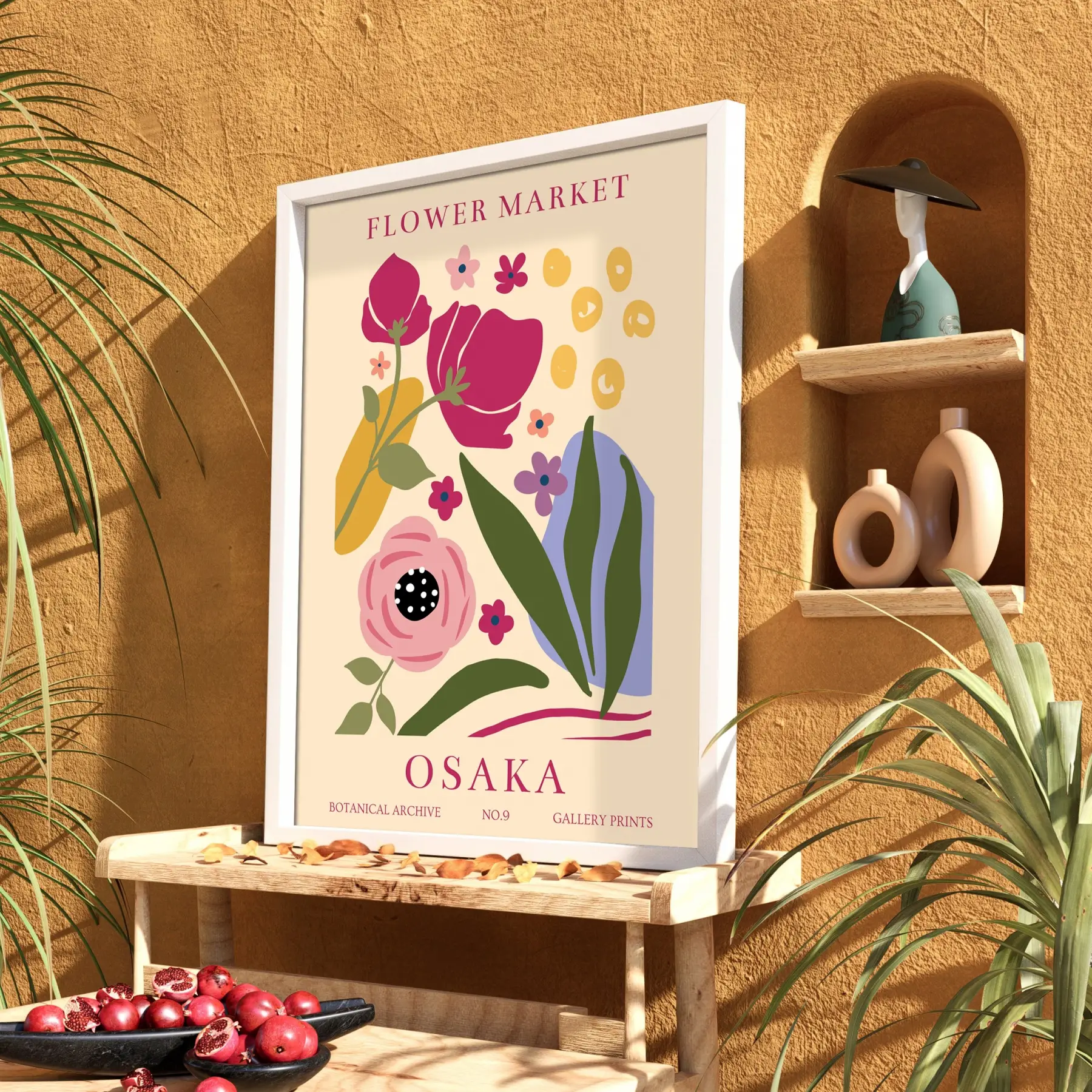 Osaka Çiçek Pazarı Beyaz Ahşap Çerçeveli Tablo Bohem Dekorasyonu Poster Obje Ev Aksesuarları