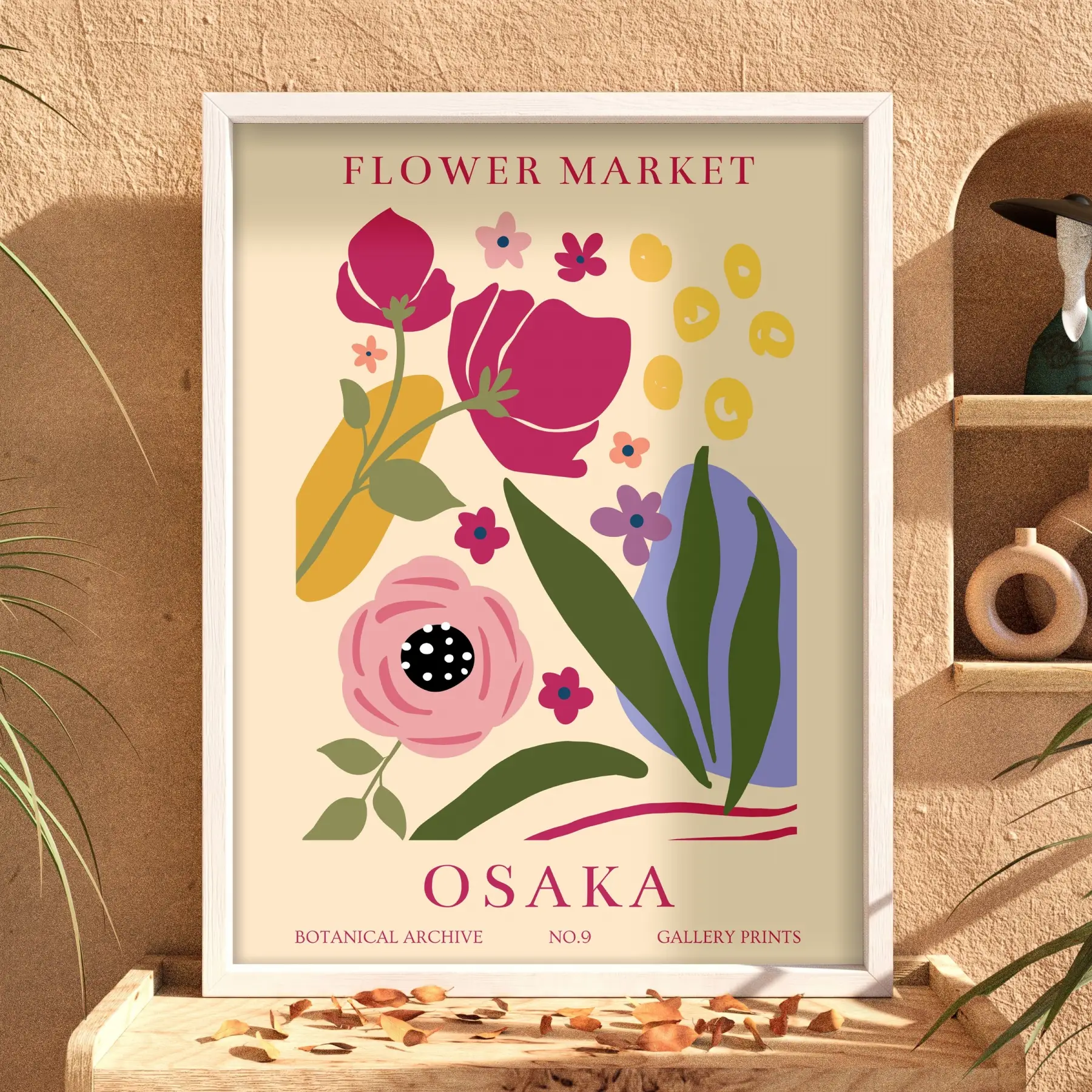 Osaka Çiçek Pazarı Beyaz Ahşap Çerçeveli Tablo Bohem Dekorasyonu Poster Obje Ev Aksesuarları