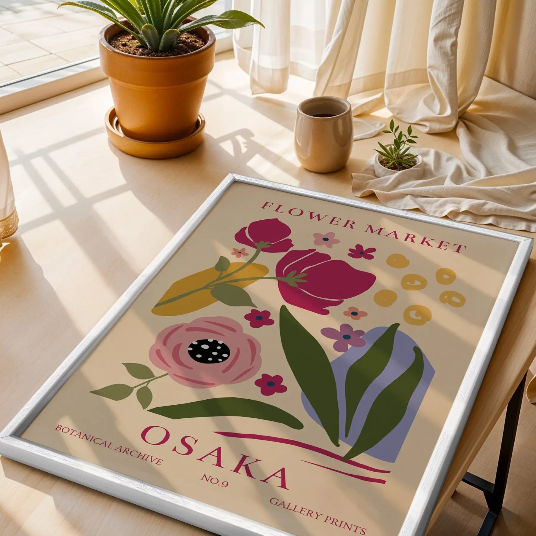 Osaka Çiçek Pazarı Beyaz Ahşap Çerçeveli Tablo Bohem Dekorasyonu Poster Obje Ev Aksesuarları