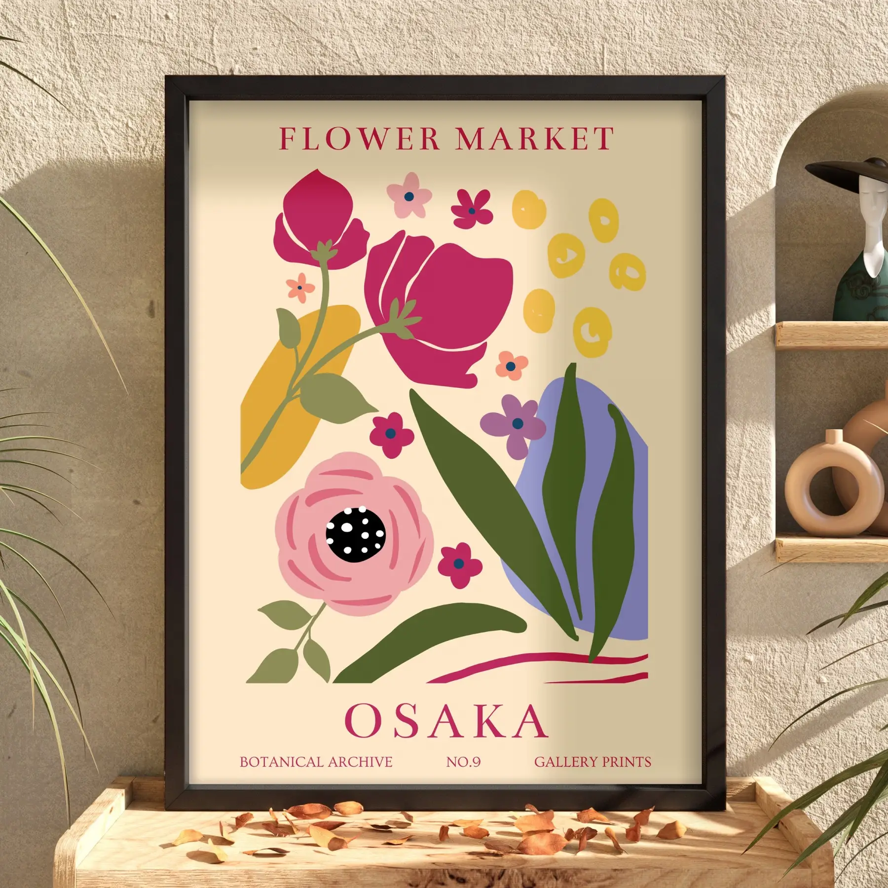 Osaka Çiçek Pazarı Siyah Ahşap Çerçeveli Tablo Bohem Görünümlü Salon Oturma Odası Duvar