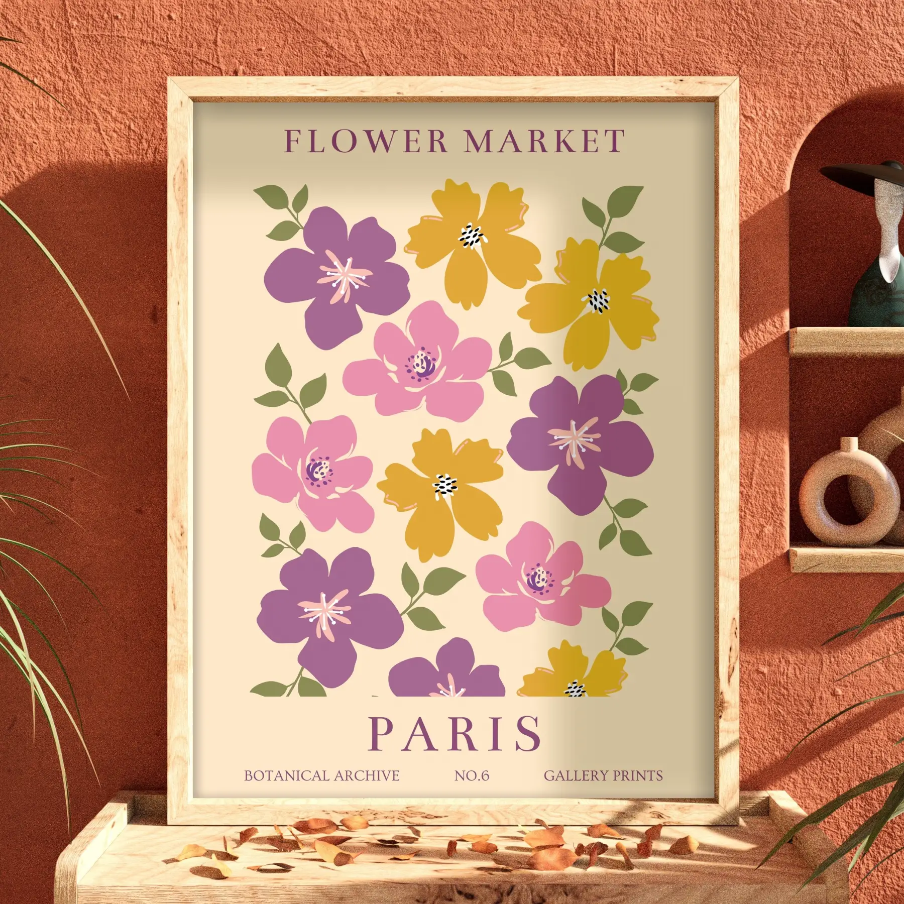 Paris Çiçek Pazarı Doğal Ahşap Çerçeveli Tablo Bohem Dekorasyonu Poster Obje Ev Aksesuarları