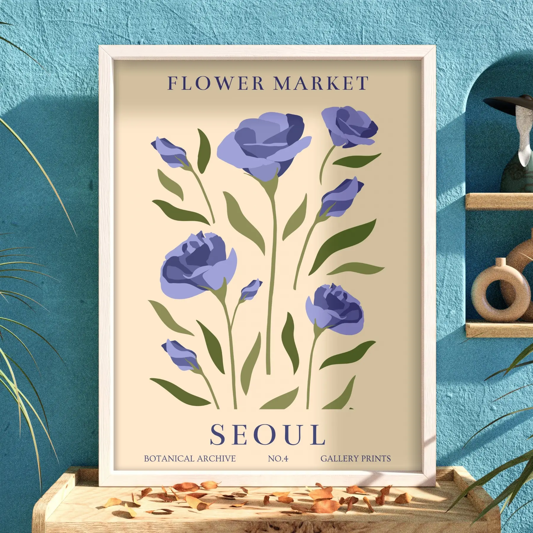 Lila Botanik Seoul Posteri Beyaz Ahşap Çerçeveli Tablo Bohem Poster Dekoratif Obje Ev