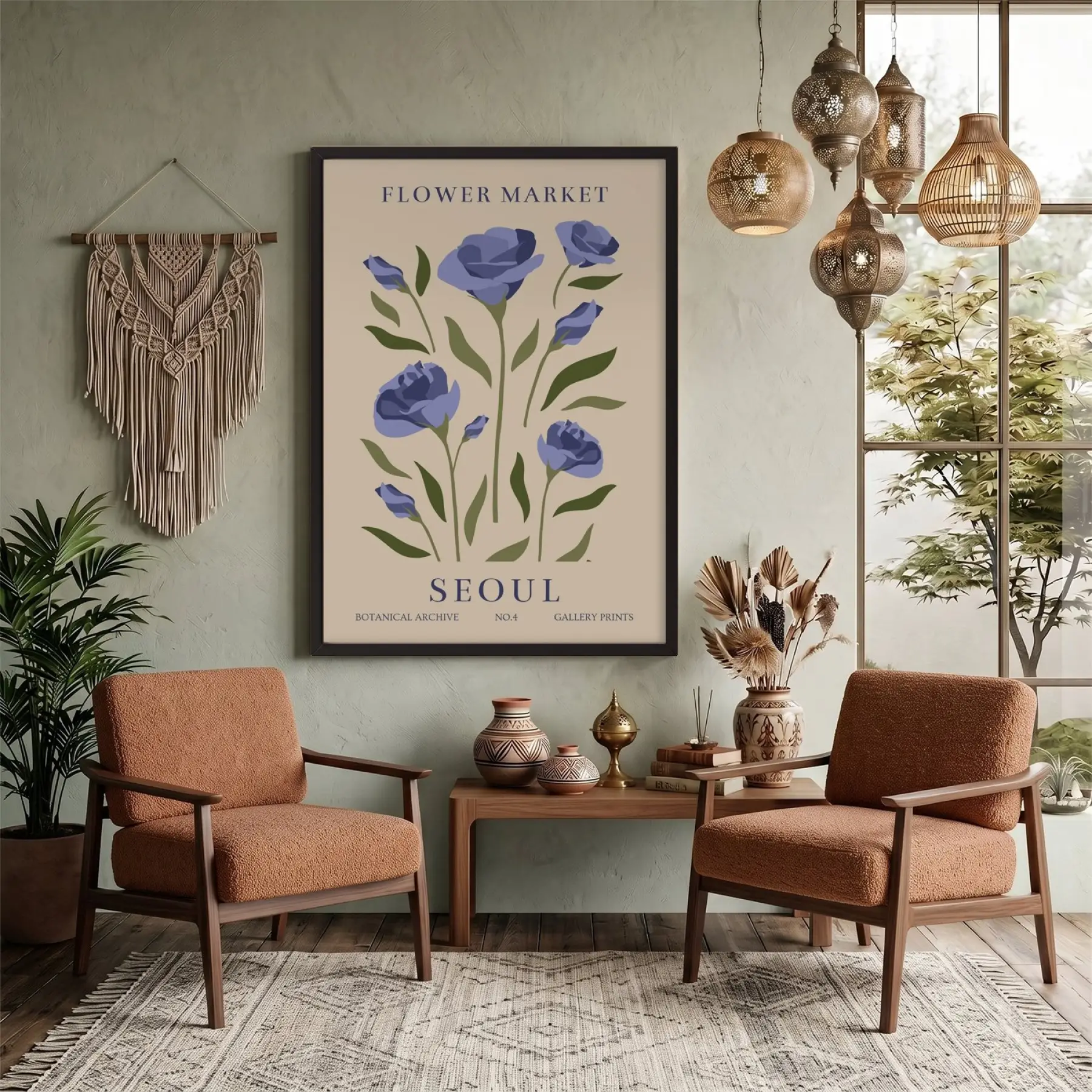 Lila Botanik Seoul Posteri Siyah Ahşap Çerçeveli Tablo Bohem Dekorasyonu Poster Obje Ev