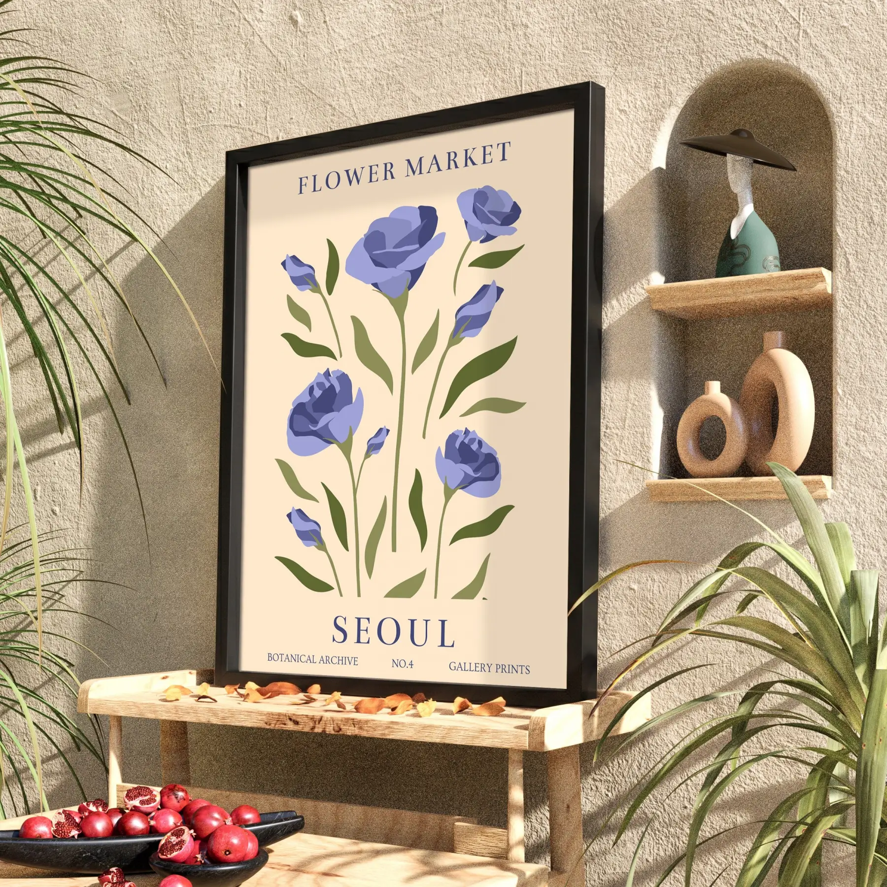 Lila Botanik Seoul Posteri Siyah Ahşap Çerçeveli Tablo Bohem Dekorasyonu Poster Obje Ev