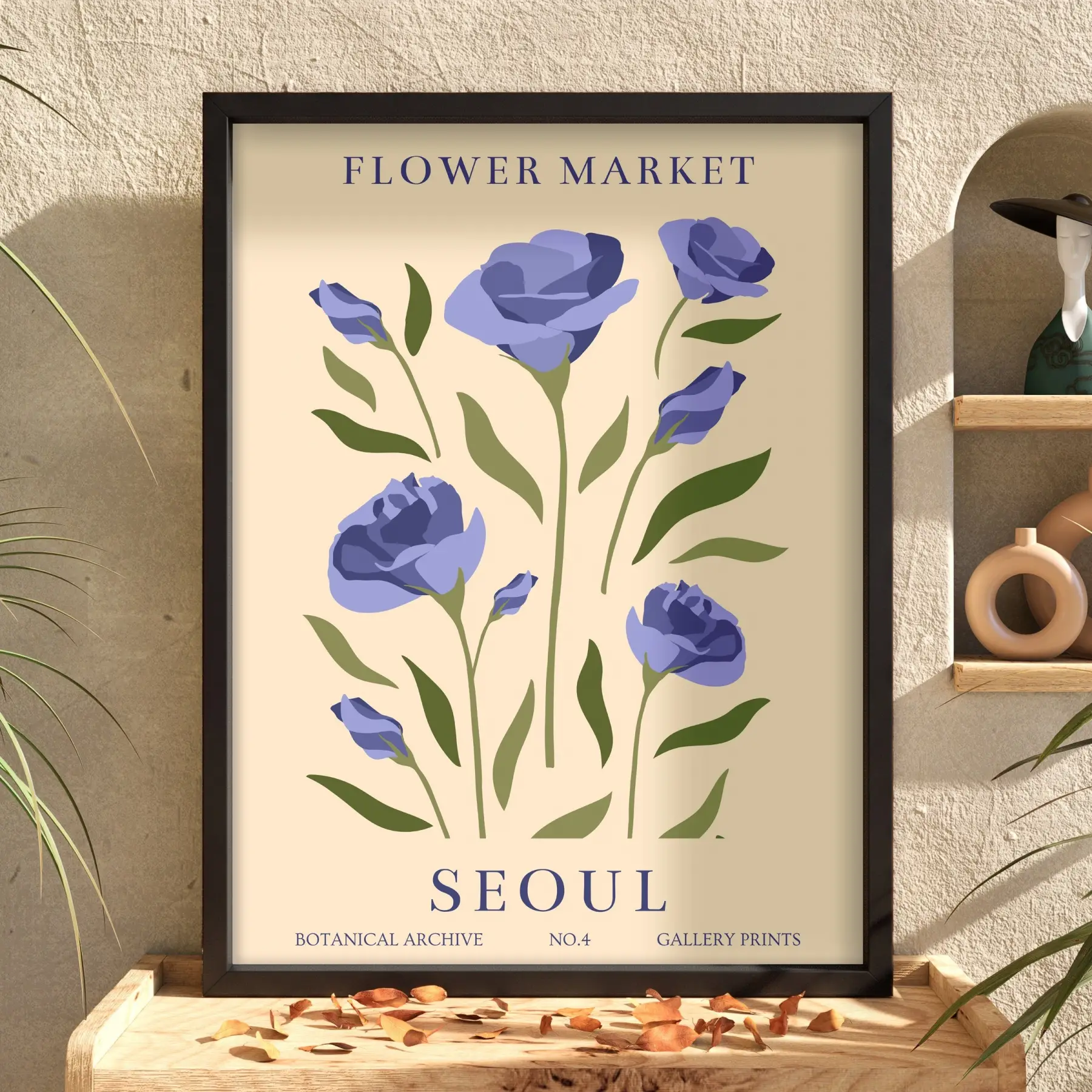 Lila Botanik Seoul Posteri Siyah Ahşap Çerçeveli Tablo Bohem Dekorasyonu Poster Obje Ev