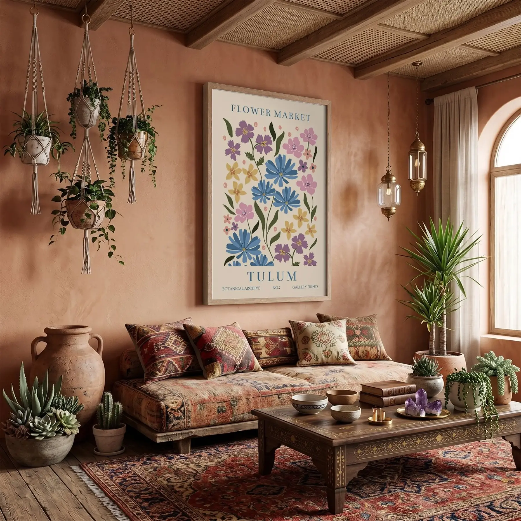 Tulum Çiçek Pazarı Doğal Ahşap Çerçeveli Tablo Bohem Oturma Odası Duvar Dekoru Poster