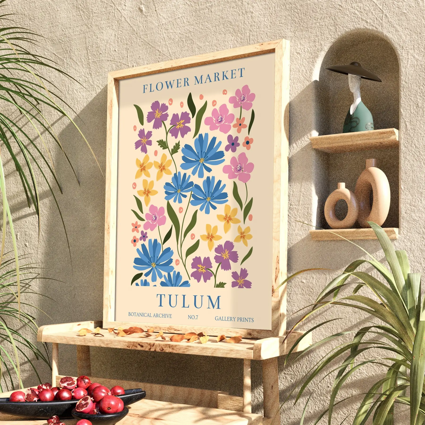Tulum Çiçek Pazarı Doğal Ahşap Çerçeveli Tablo Bohem Oturma Odası Duvar Dekoru Poster
