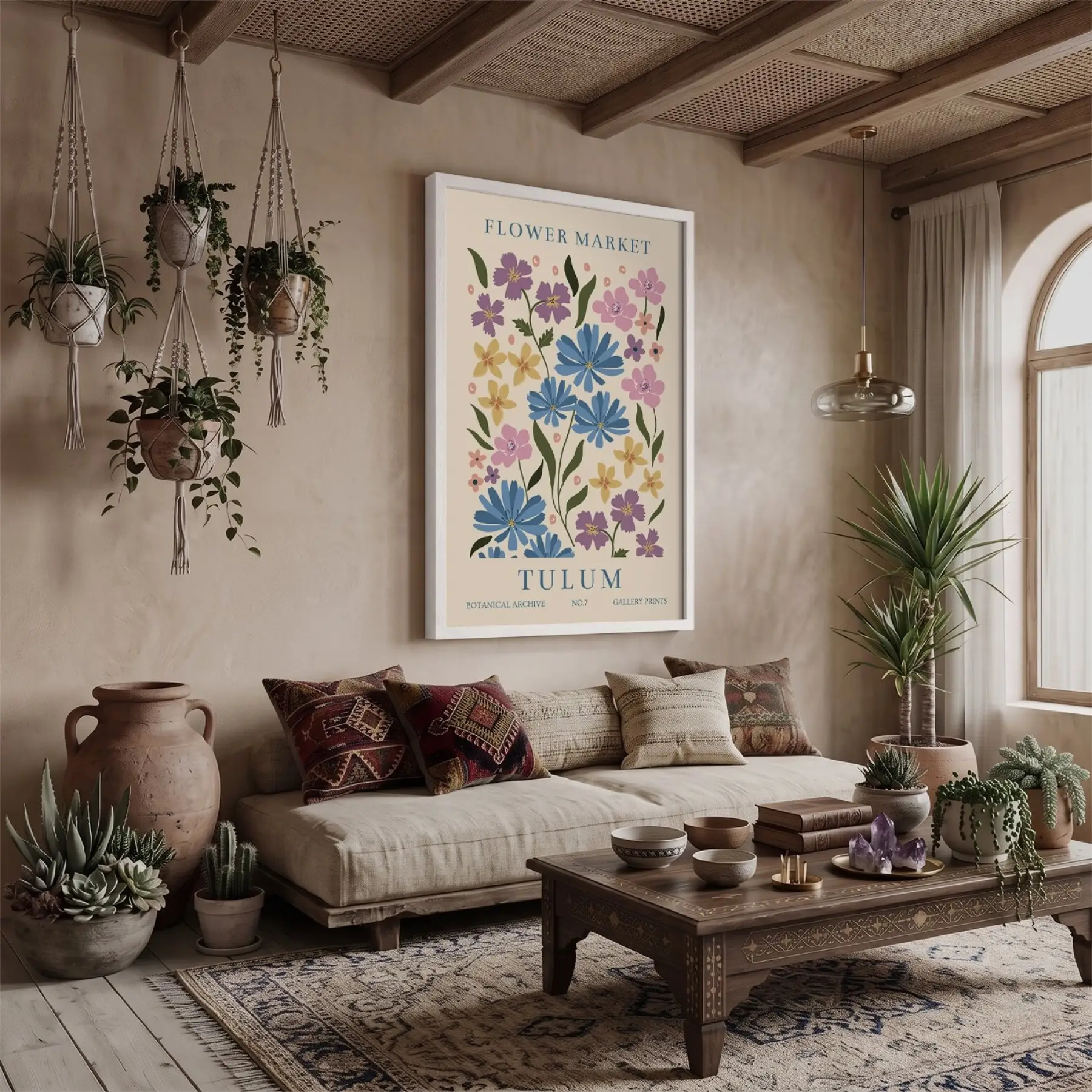 Tulum Çiçek Pazarı Beyaz Ahşap Çerçeveli Tablo Bohem Aksesuarları Modern Sanat İç Mekan