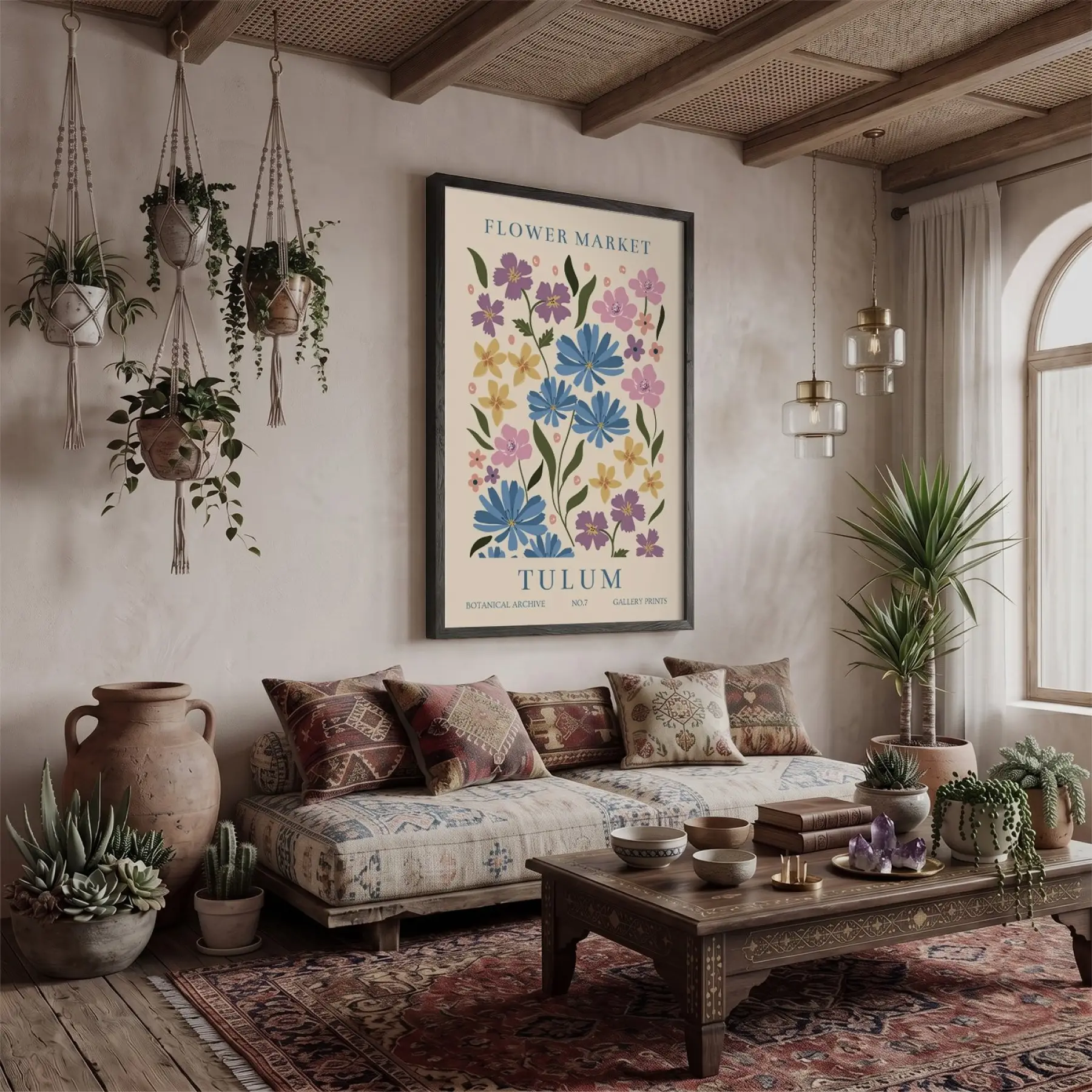 Tulum Çiçek Pazarı Siyah Ahşap Çerçeveli Tablo Bohem Dekorasyonu Poster Obje Ev Aksesuarları