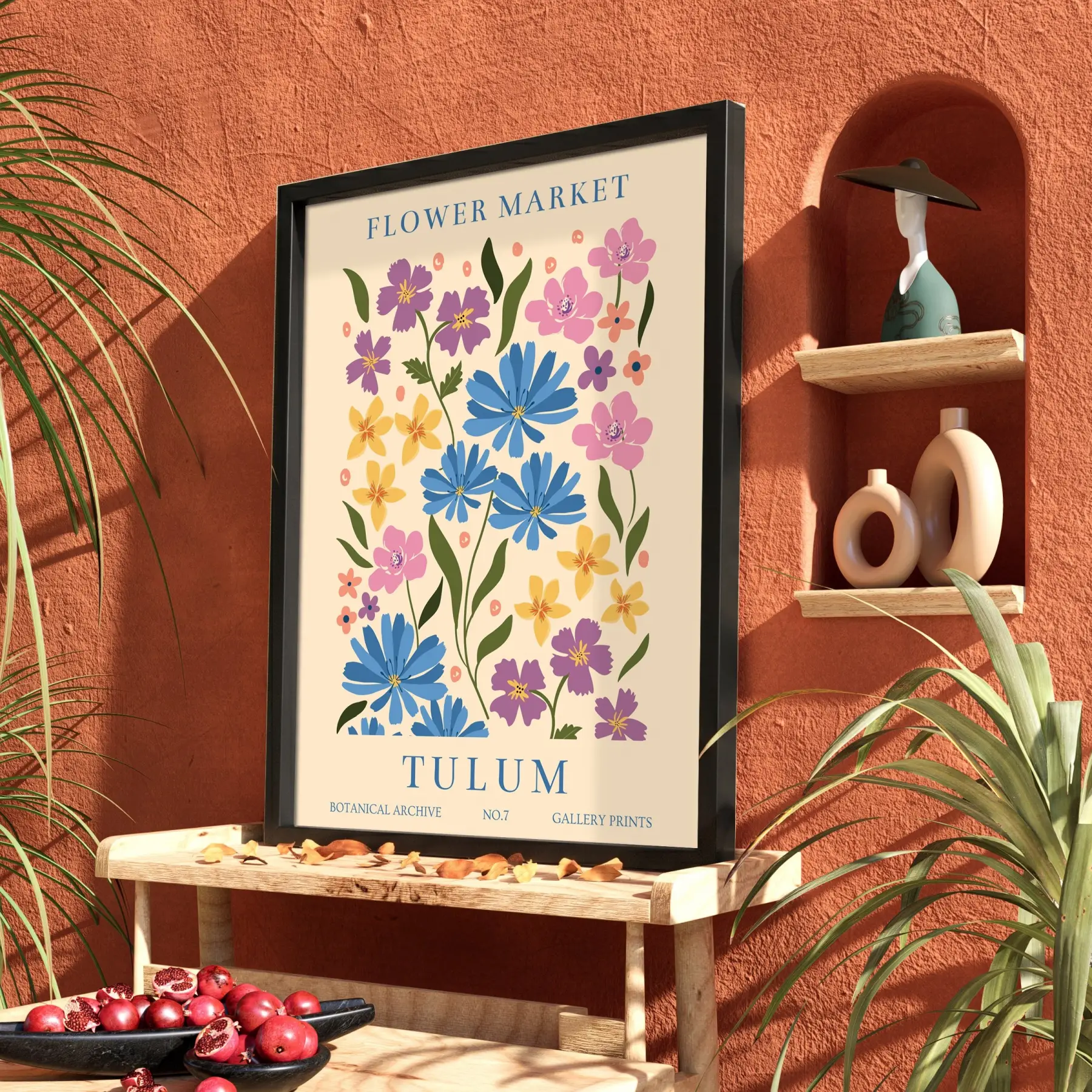 Tulum Çiçek Pazarı Siyah Ahşap Çerçeveli Tablo Bohem Dekorasyonu Poster Obje Ev Aksesuarları