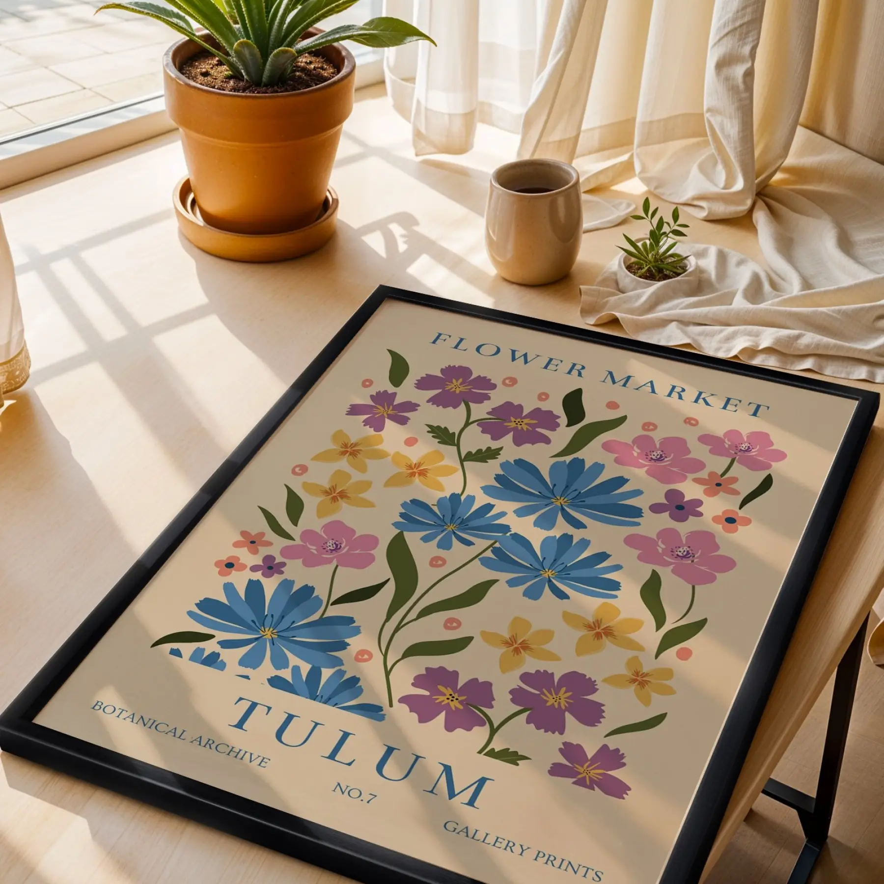 Tulum Çiçek Pazarı Siyah Ahşap Çerçeveli Tablo Bohem Dekorasyonu Poster Obje Ev Aksesuarları