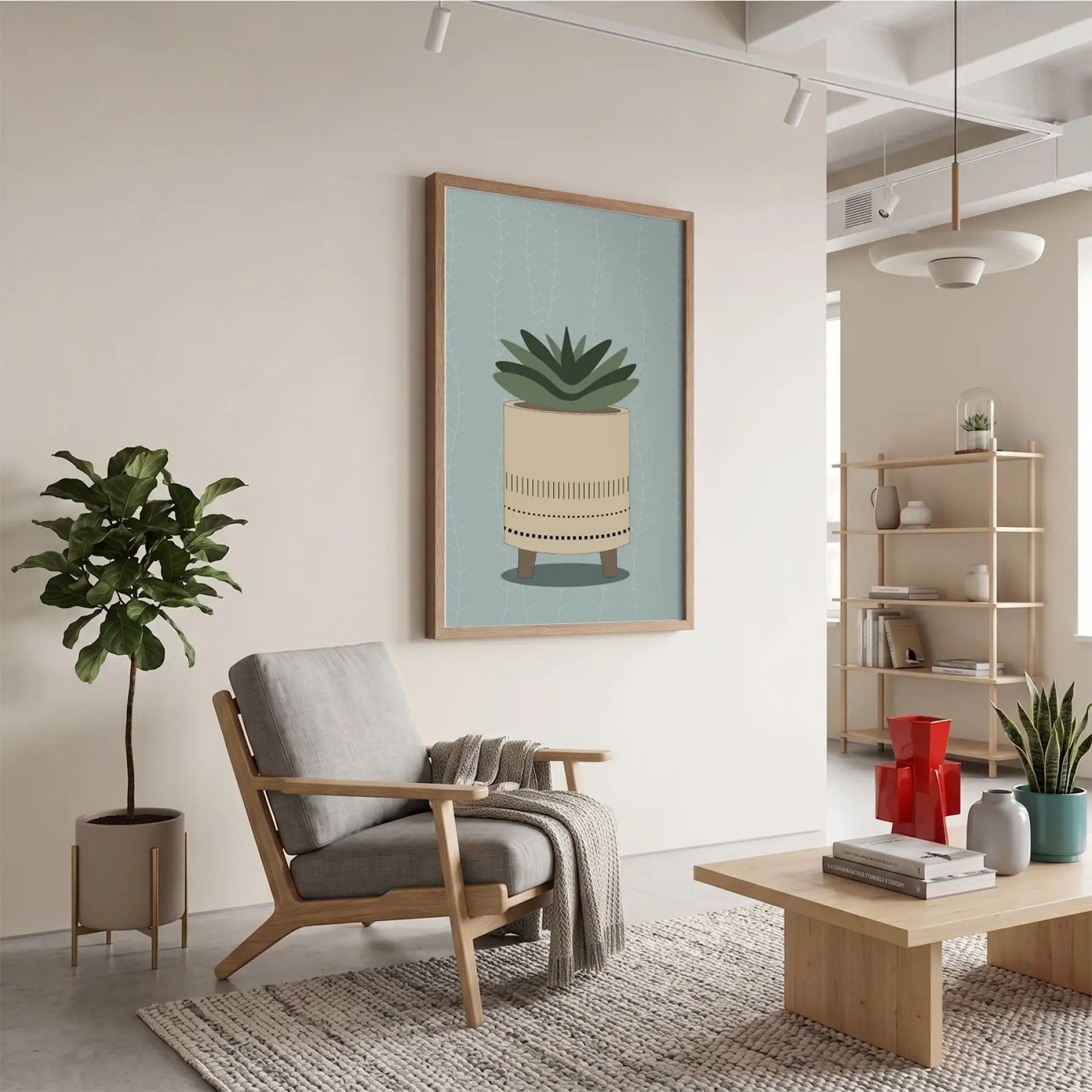 Minimal Sukulent Çizim Tablo Doğal Ahşap Çerçeveli Aksesuarları Modern Sanat İç Mekan Yatak