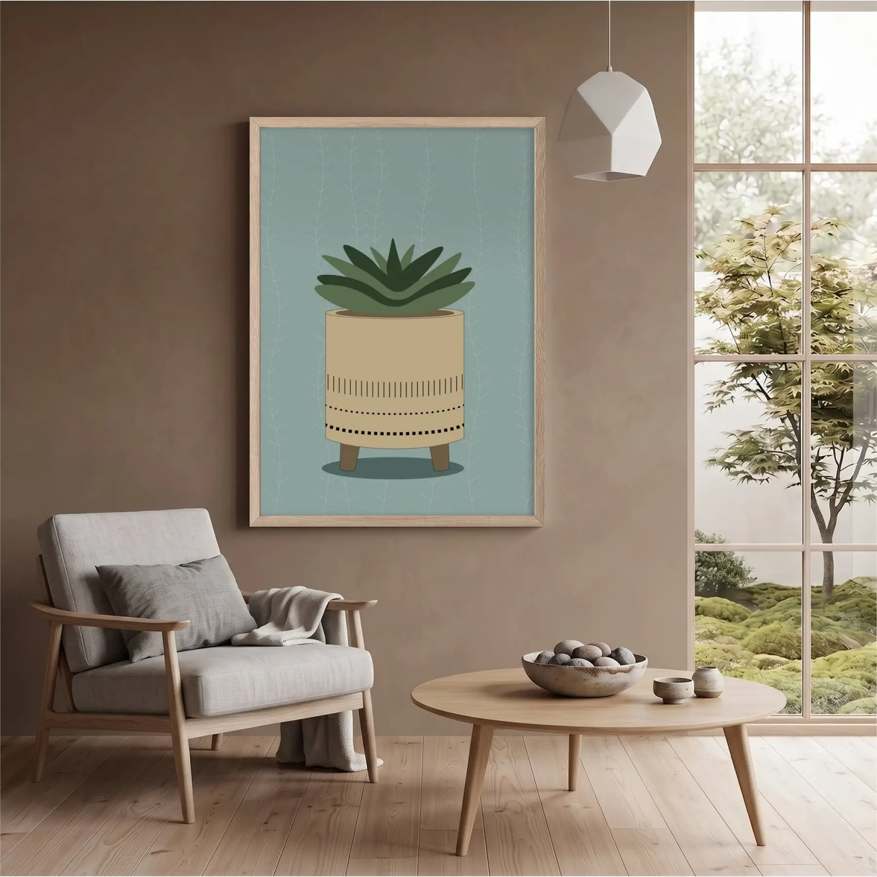 Minimal Sukulent Çizim Tablo Doğal Ahşap Çerçeveli Aksesuarları Modern Sanat İç Mekan Yatak