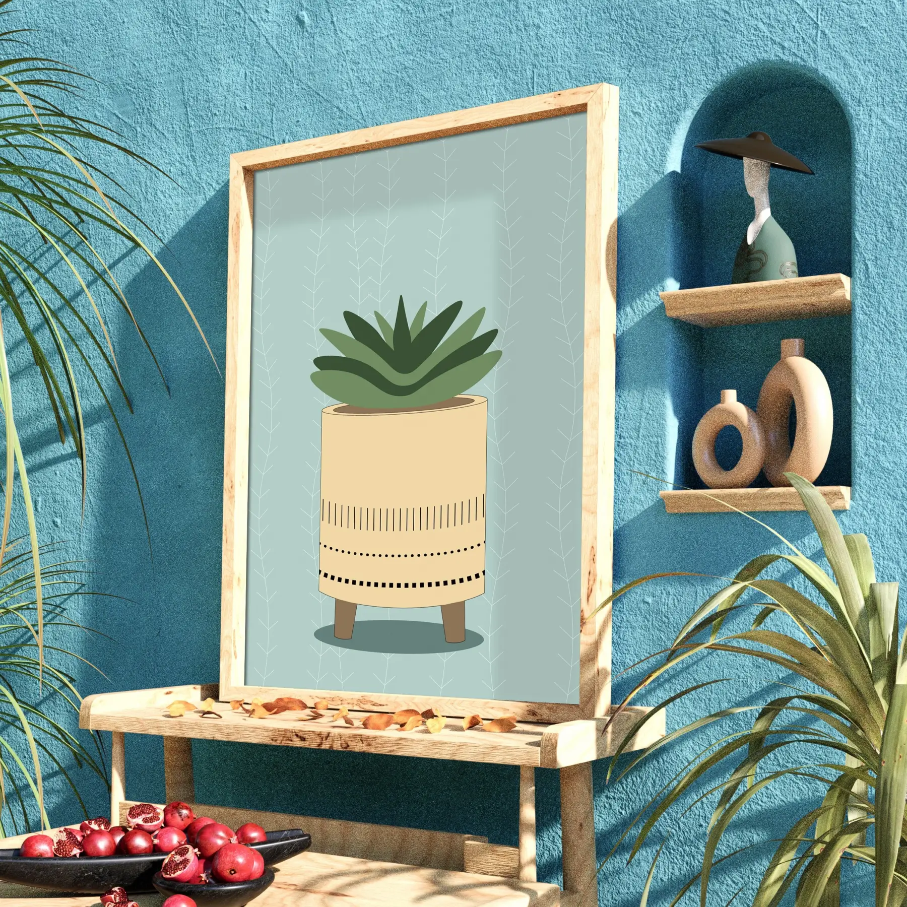 Minimal Sukulent Çizim Tablo Doğal Ahşap Çerçeveli Aksesuarları Modern Sanat İç Mekan Yatak