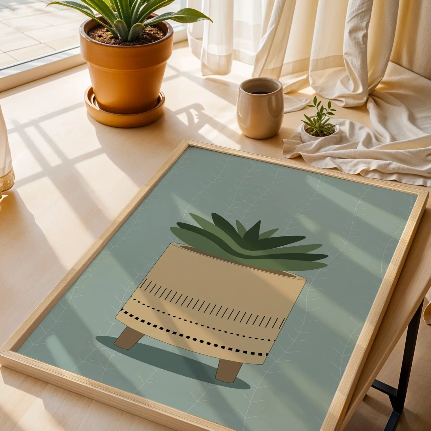 Minimal Sukulent Çizim Tablo Doğal Ahşap Çerçeveli Aksesuarları Modern Sanat İç Mekan Yatak