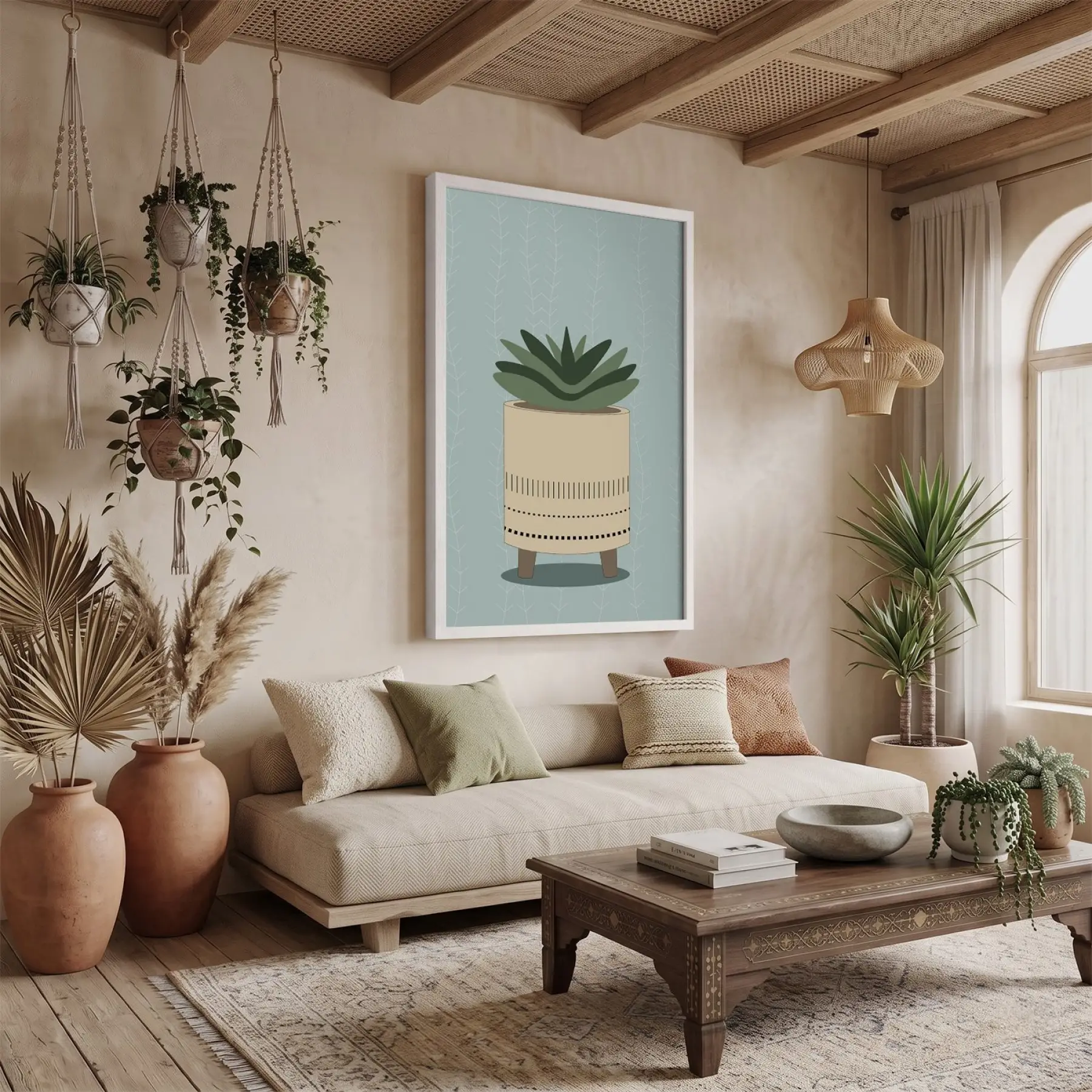 Minimal Sukulent Çizim Tablo Beyaz Ahşap Çerçeveli Aksesuarları Modern Sanat İç Mekan Yatak