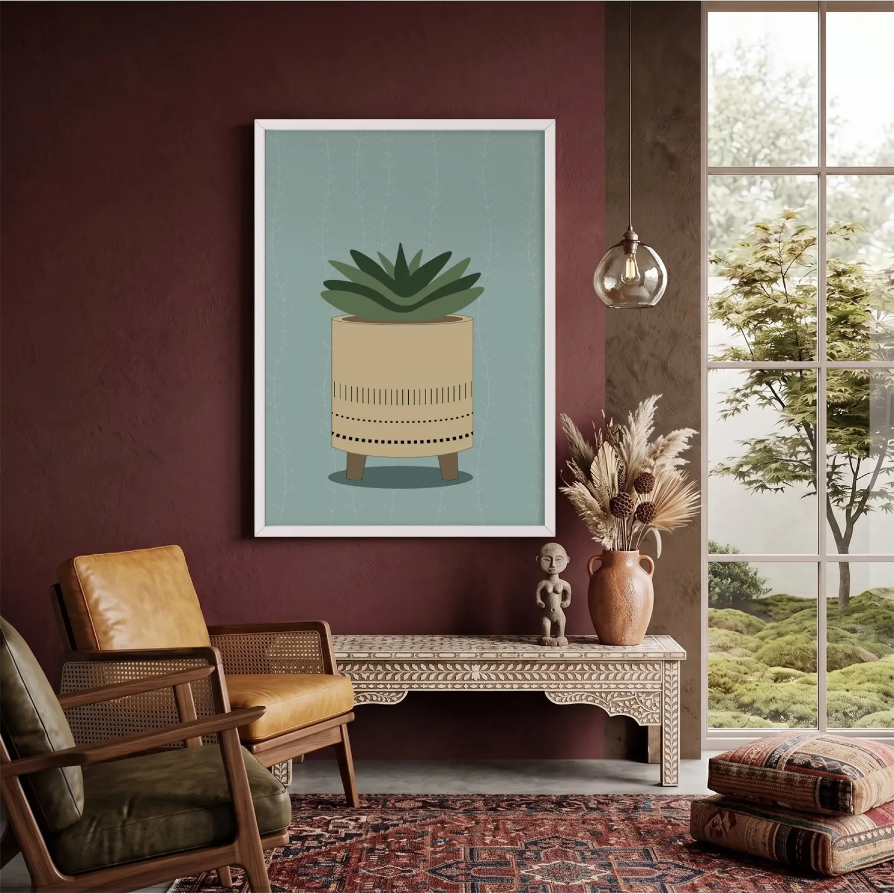 Minimal Sukulent Çizim Tablo Beyaz Ahşap Çerçeveli Aksesuarları Modern Sanat İç Mekan Yatak