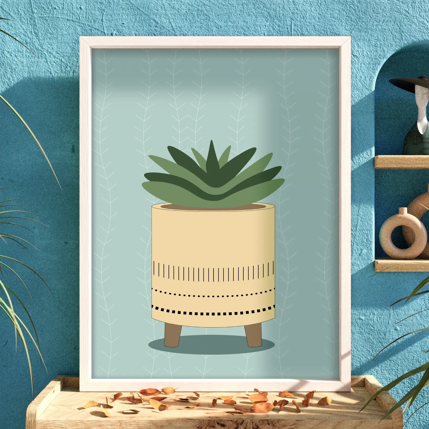Minimal Sukulent Çizim Tablo Beyaz Ahşap Çerçeveli Aksesuarları Modern Sanat İç Mekan Yatak
