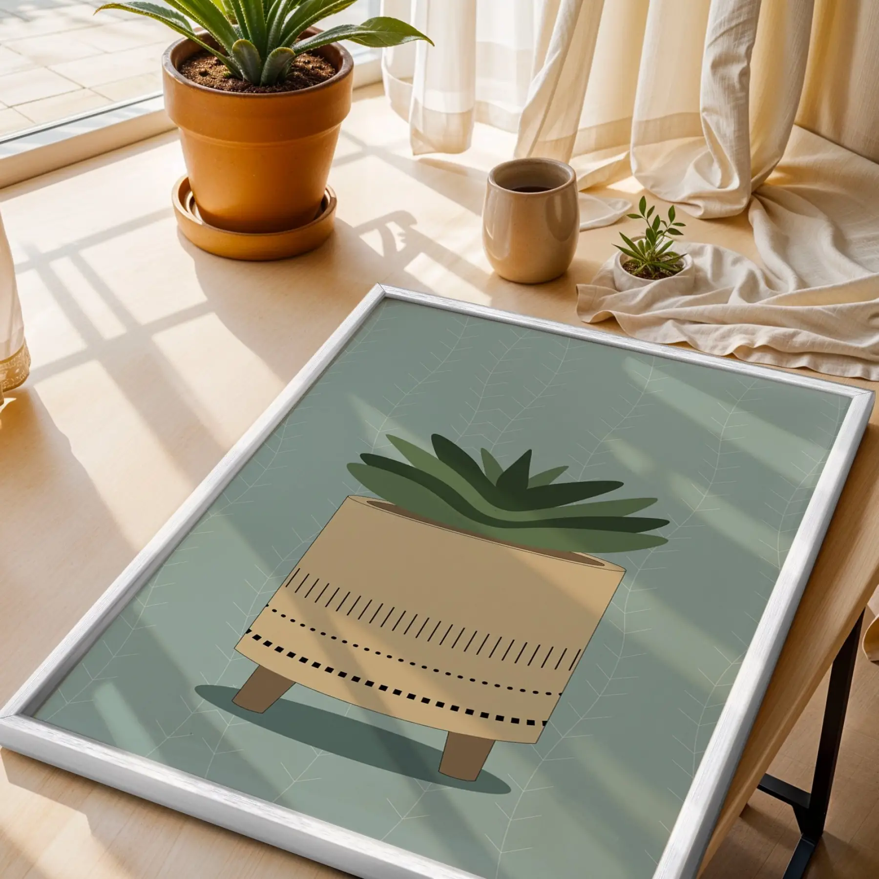 Minimal Sukulent Çizim Tablo Beyaz Ahşap Çerçeveli Aksesuarları Modern Sanat İç Mekan Yatak