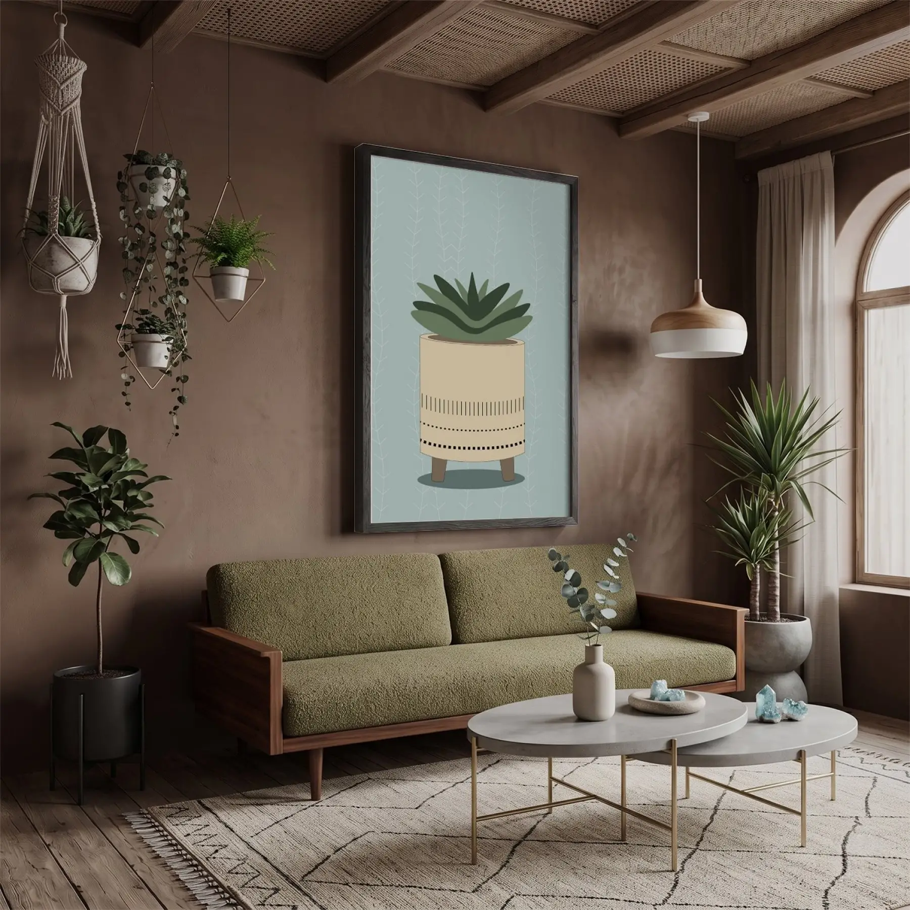 Minimal Sukulent Çizim Tablo Siyah Ahşap Çerçeveli Odası Duvar Dekoru Poster Obje Ev