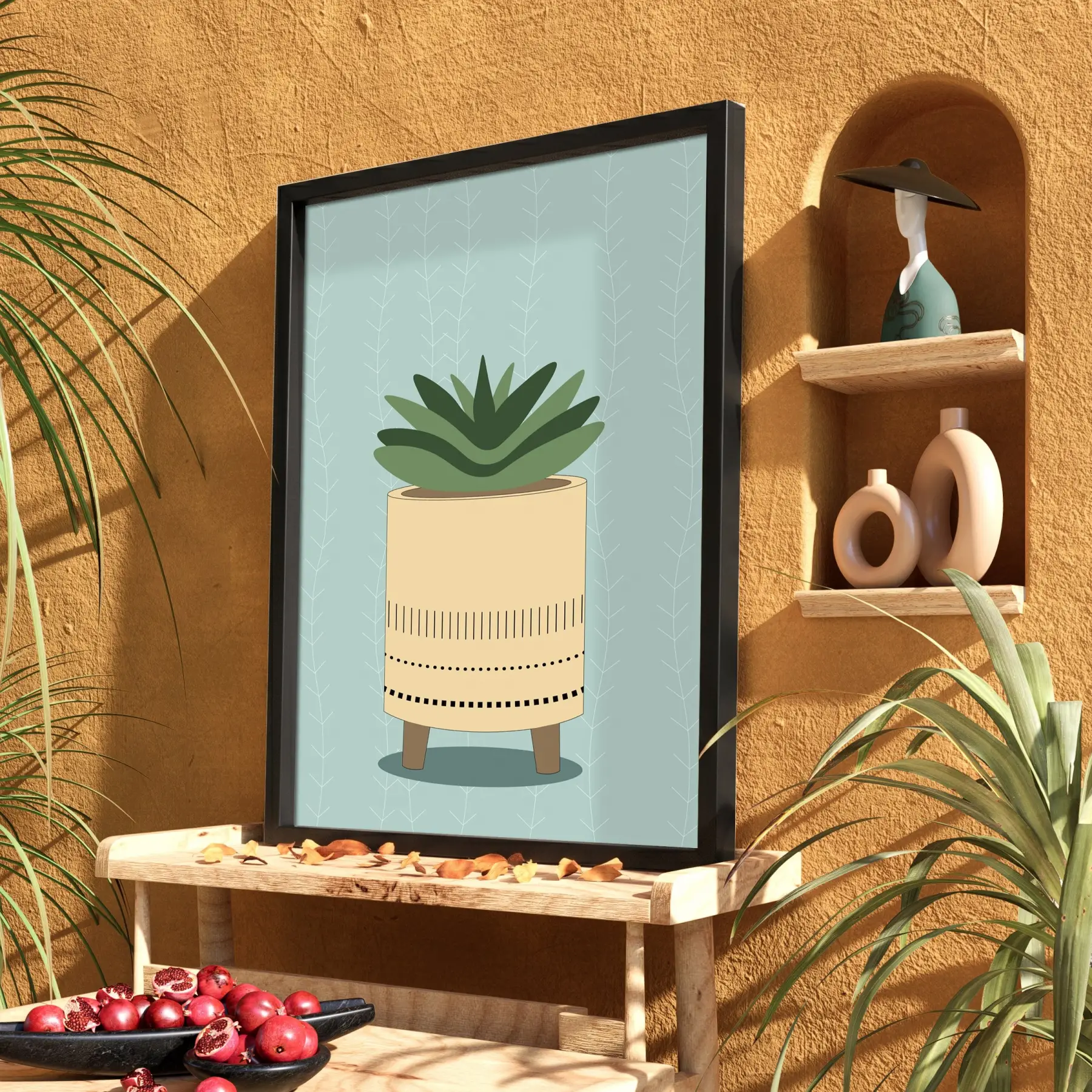 Minimal Sukulent Çizim Tablo Siyah Ahşap Çerçeveli Odası Duvar Dekoru Poster Obje Ev