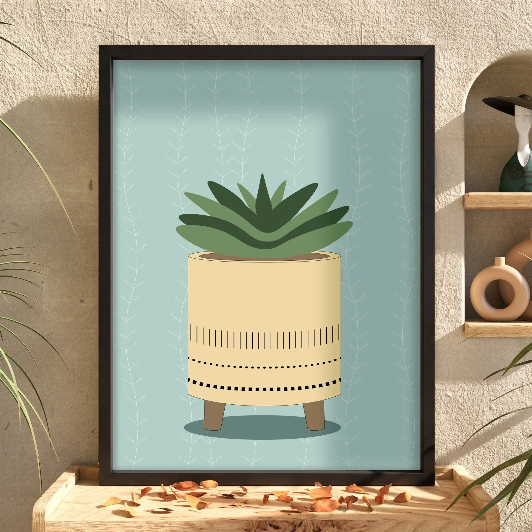 Minimal Sukulent Çizim Tablo Siyah Ahşap Çerçeveli Odası Duvar Dekoru Poster Obje Ev