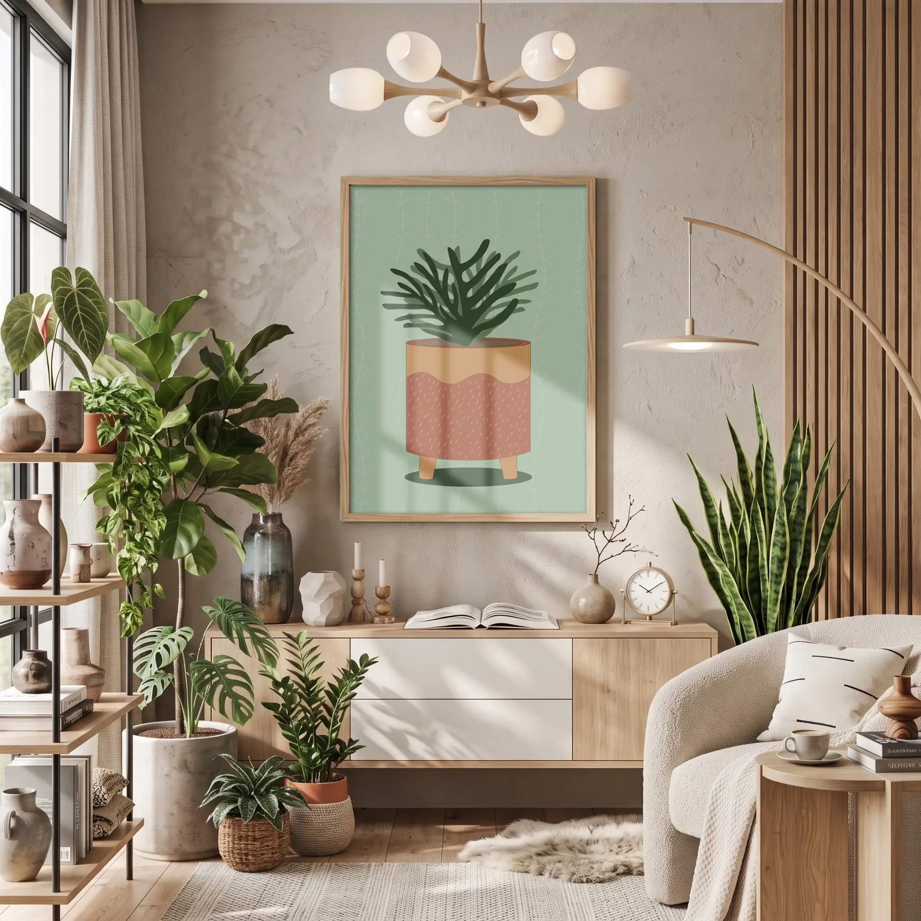 Minimalist Saksı İlüstrasyonu Doğal Ahşap Çerçeveli Tablo Salon Oturma Odası Duvar Dekoru Poster