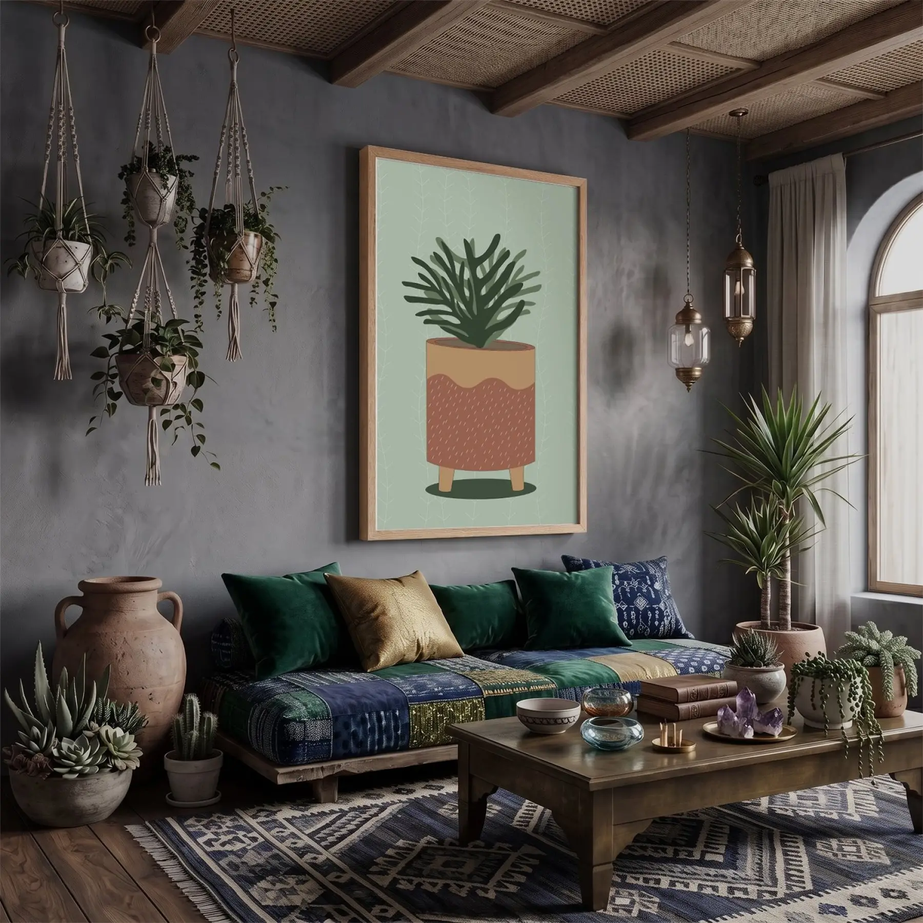 Minimalist Saksı İlüstrasyonu Doğal Ahşap Çerçeveli Tablo Salon Oturma Odası Duvar Dekoru Poster