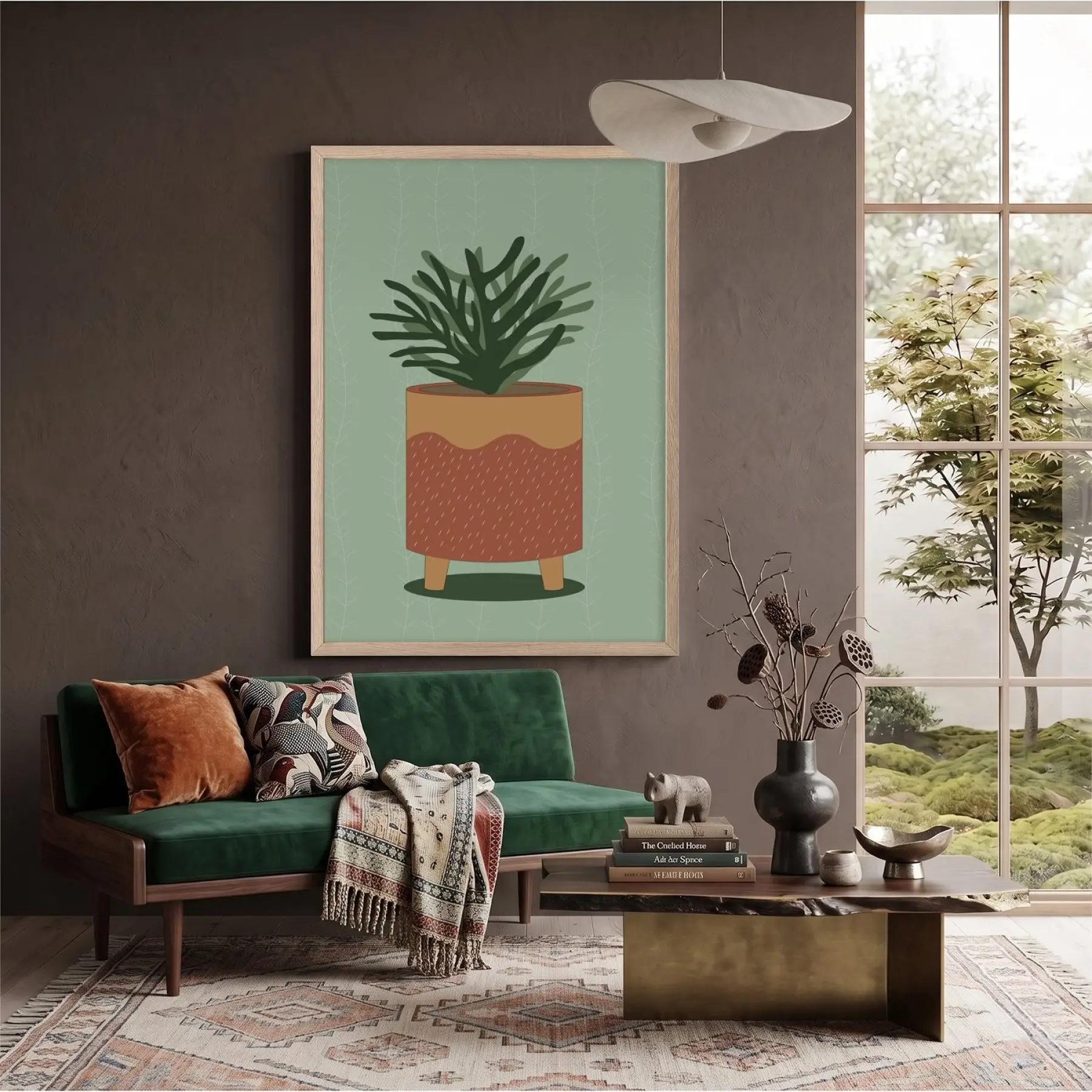 Minimalist Saksı İlüstrasyonu Doğal Ahşap Çerçeveli Tablo Salon Oturma Odası Duvar Dekoru Poster