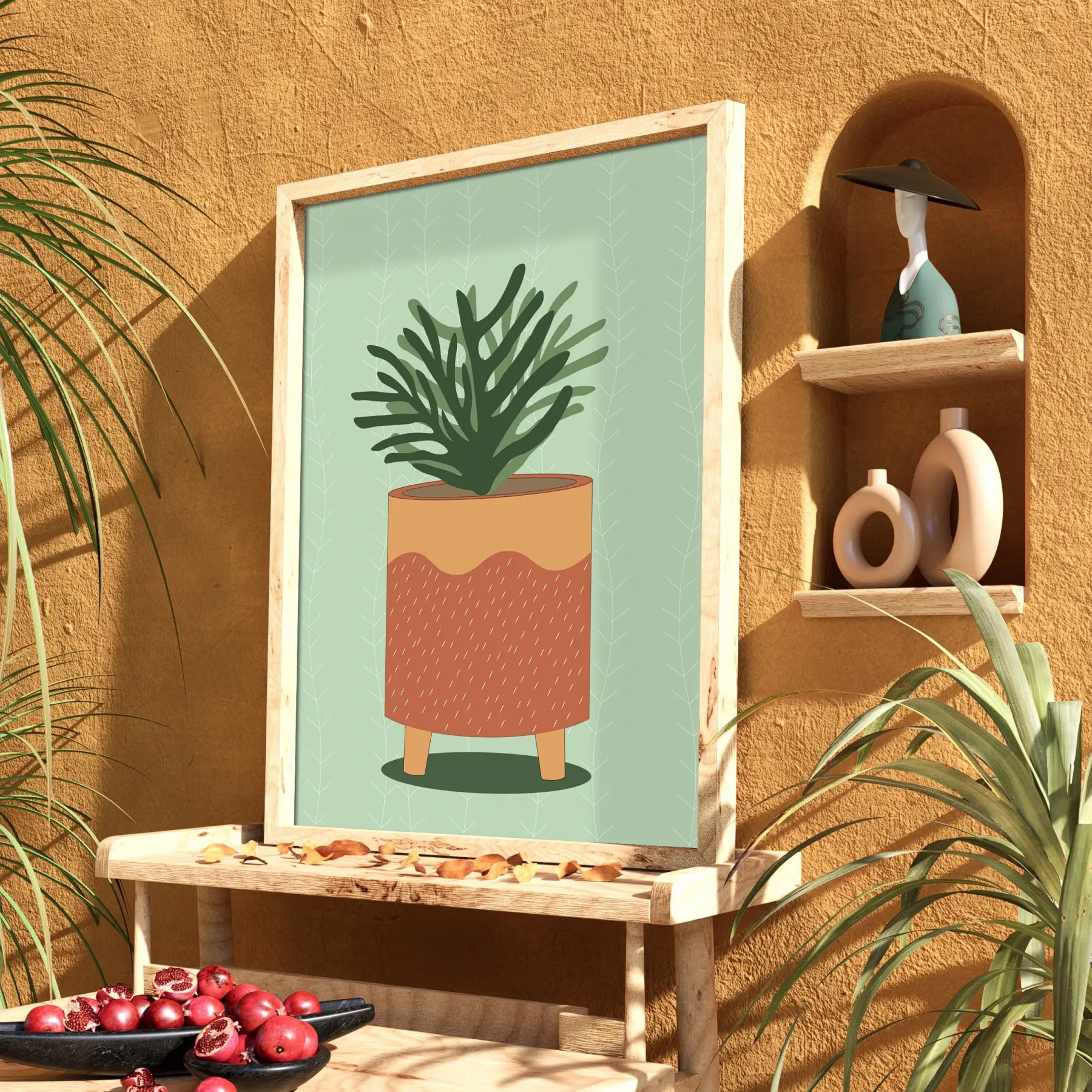 Minimalist Saksı İlüstrasyonu Doğal Ahşap Çerçeveli Tablo Salon Oturma Odası Duvar Dekoru Poster