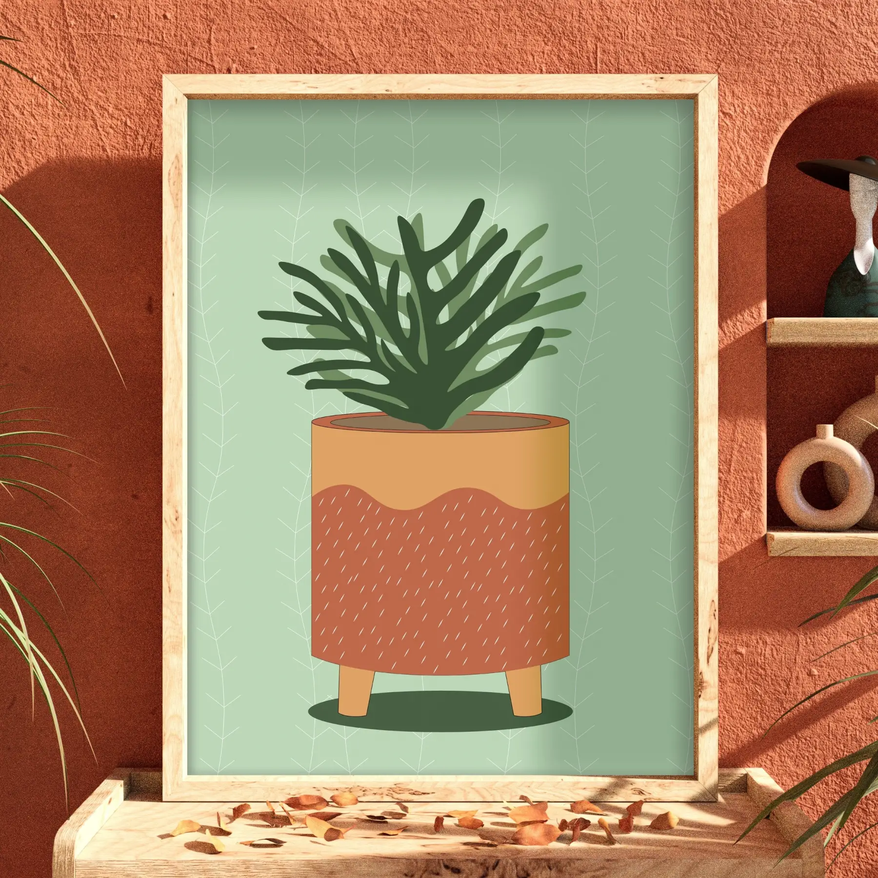Minimalist Saksı İlüstrasyonu Doğal Ahşap Çerçeveli Tablo Salon Oturma Odası Duvar Dekoru Poster