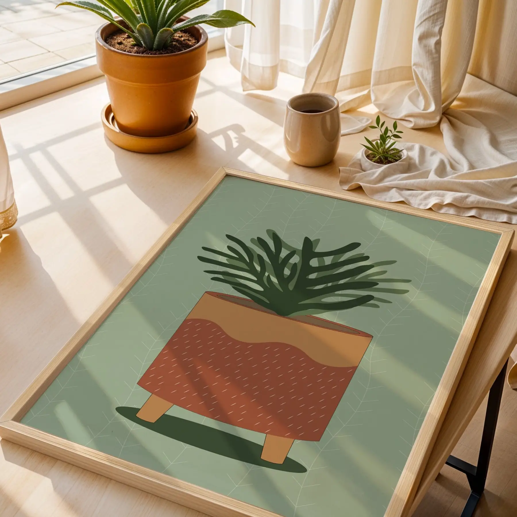 Minimalist Saksı İlüstrasyonu Doğal Ahşap Çerçeveli Tablo Salon Oturma Odası Duvar Dekoru Poster