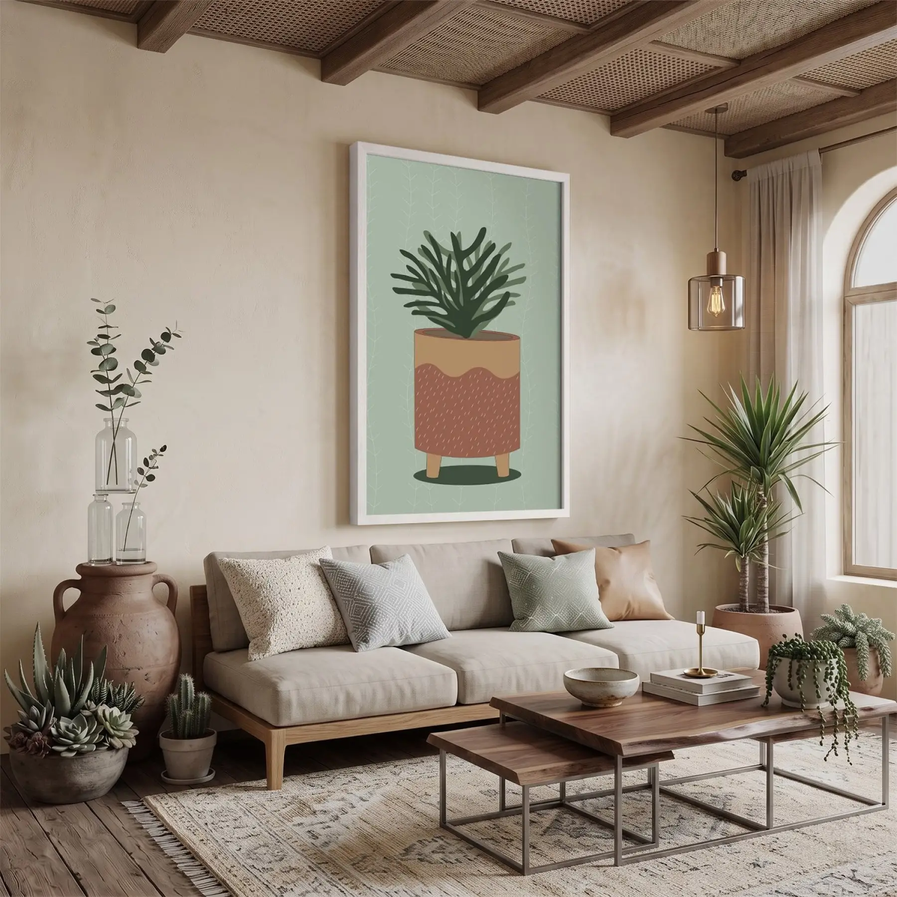 Minimalist Saksı İlüstrasyonu Beyaz Ahşap Çerçeveli Tablo Yatak Koridor Ofis Kanvas Görünümlü Salon
