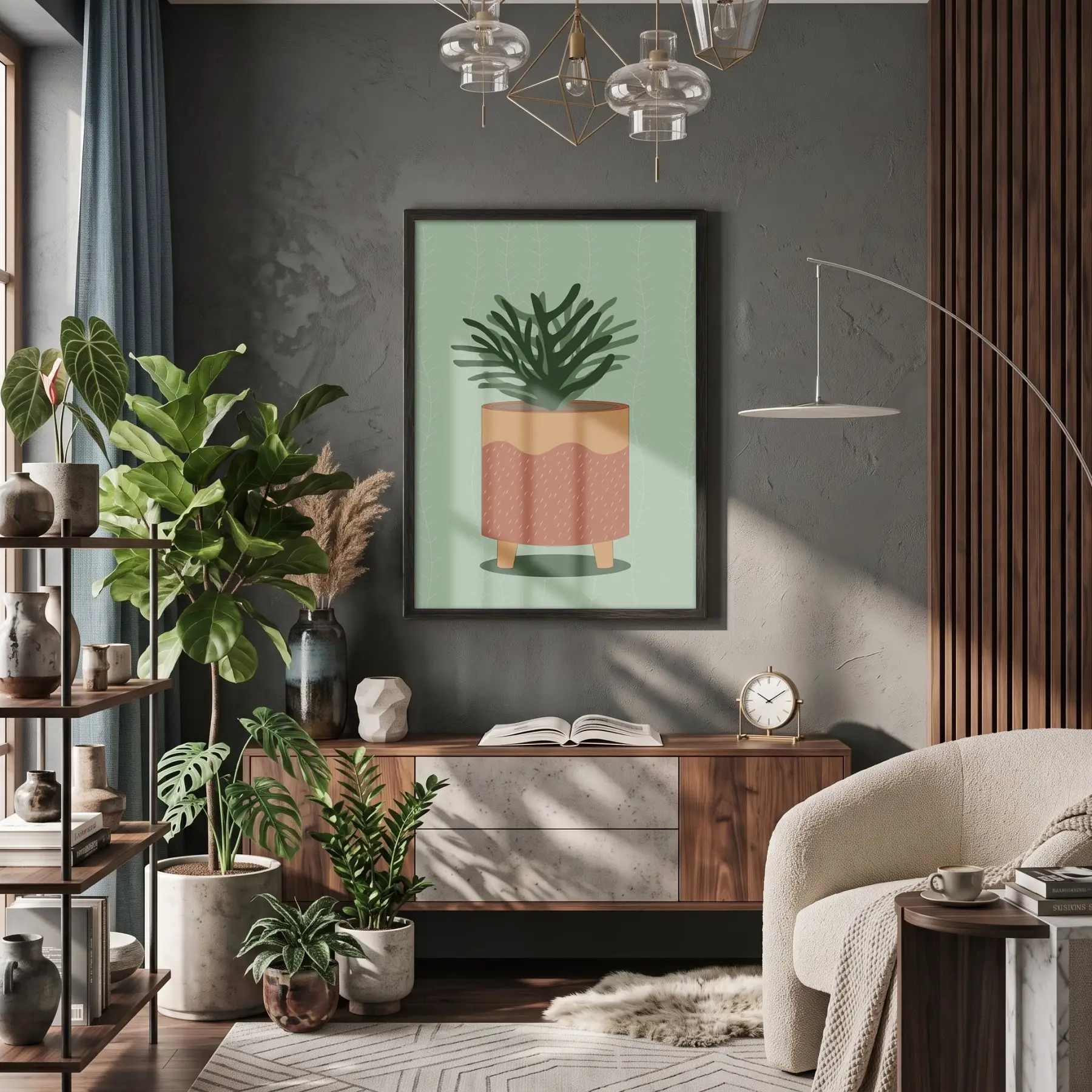 Minimalist Saksı İlüstrasyonu Siyah Ahşap Çerçeveli Tablo Salon Oturma Odası Duvar Dekoru Poster