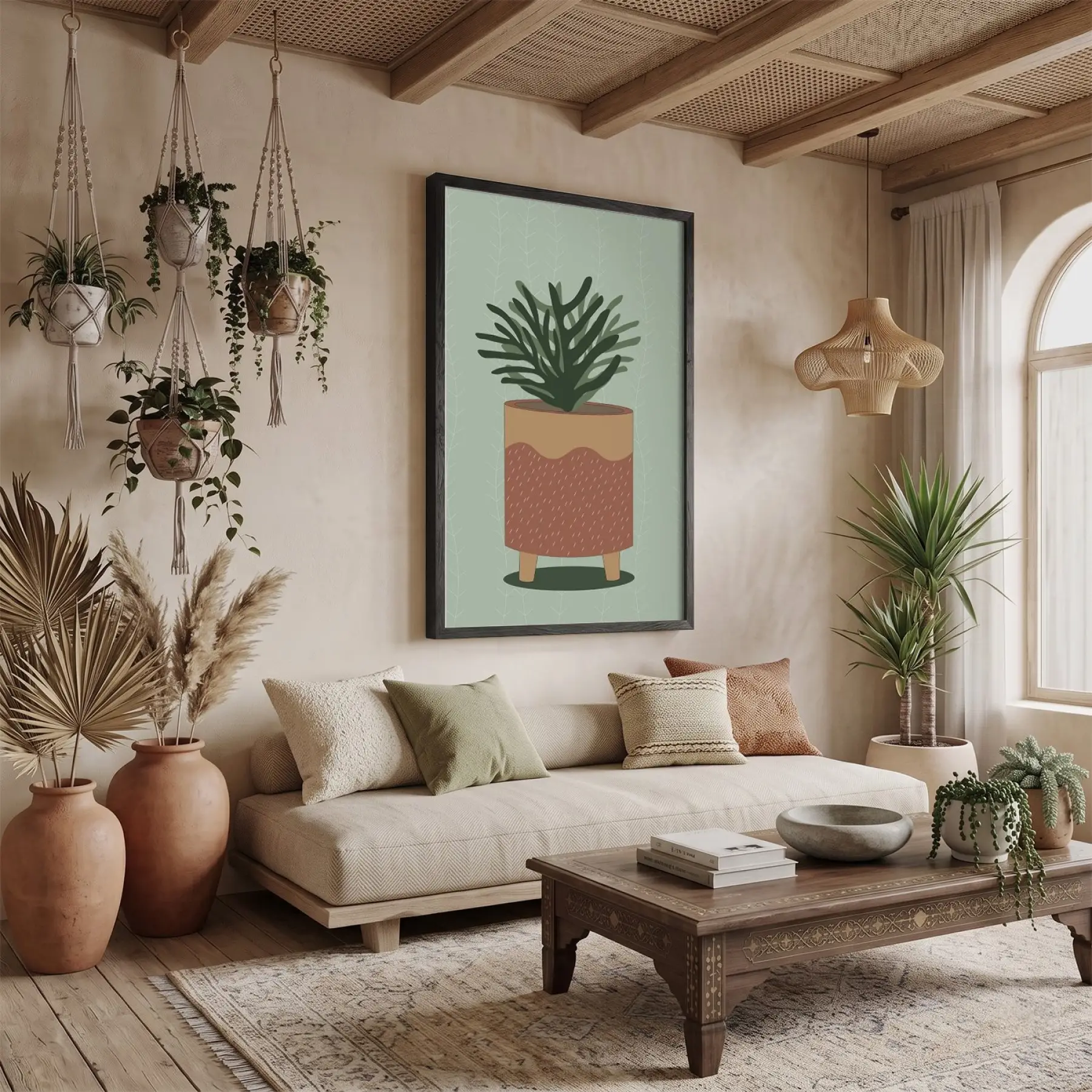 Minimalist Saksı İlüstrasyonu Siyah Ahşap Çerçeveli Tablo Salon Oturma Odası Duvar Dekoru Poster