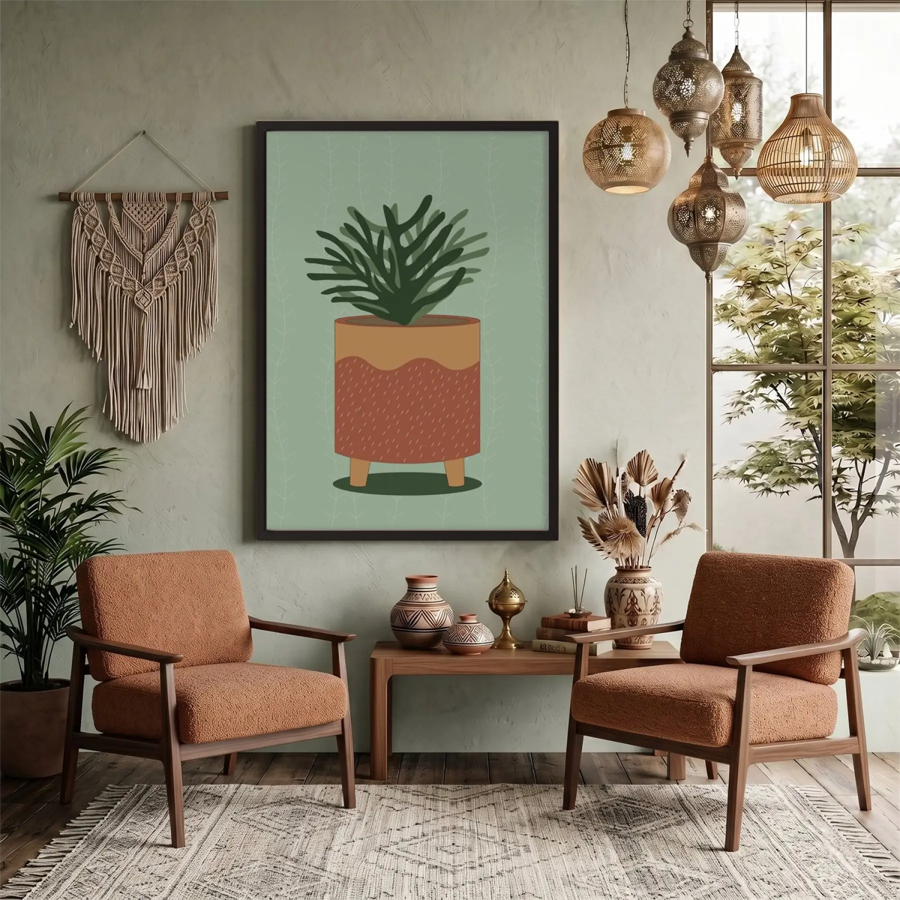 Minimalist Saksı İlüstrasyonu Siyah Ahşap Çerçeveli Tablo Salon Oturma Odası Duvar Dekoru Poster