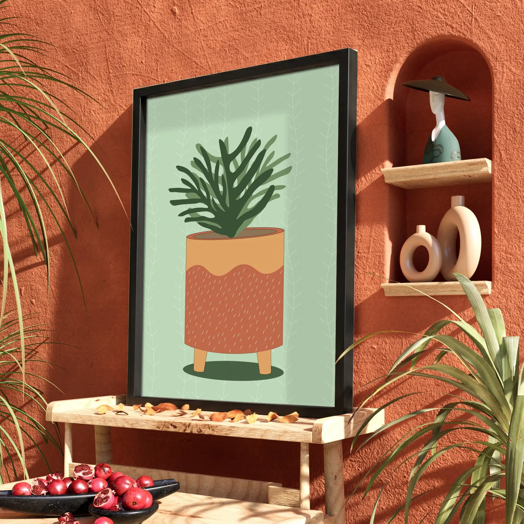 Minimalist Saksı İlüstrasyonu Siyah Ahşap Çerçeveli Tablo Salon Oturma Odası Duvar Dekoru Poster