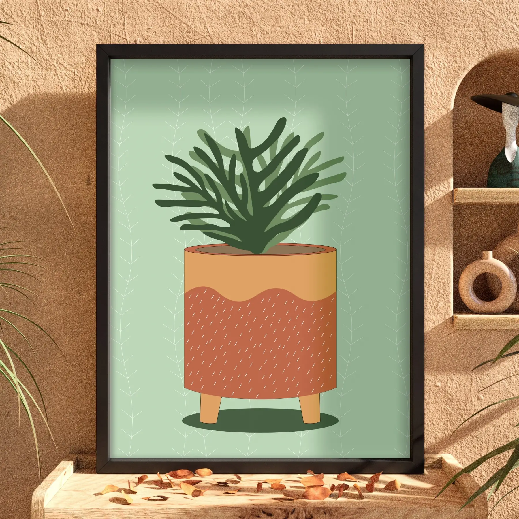 Minimalist Saksı İlüstrasyonu Siyah Ahşap Çerçeveli Tablo Salon Oturma Odası Duvar Dekoru Poster
