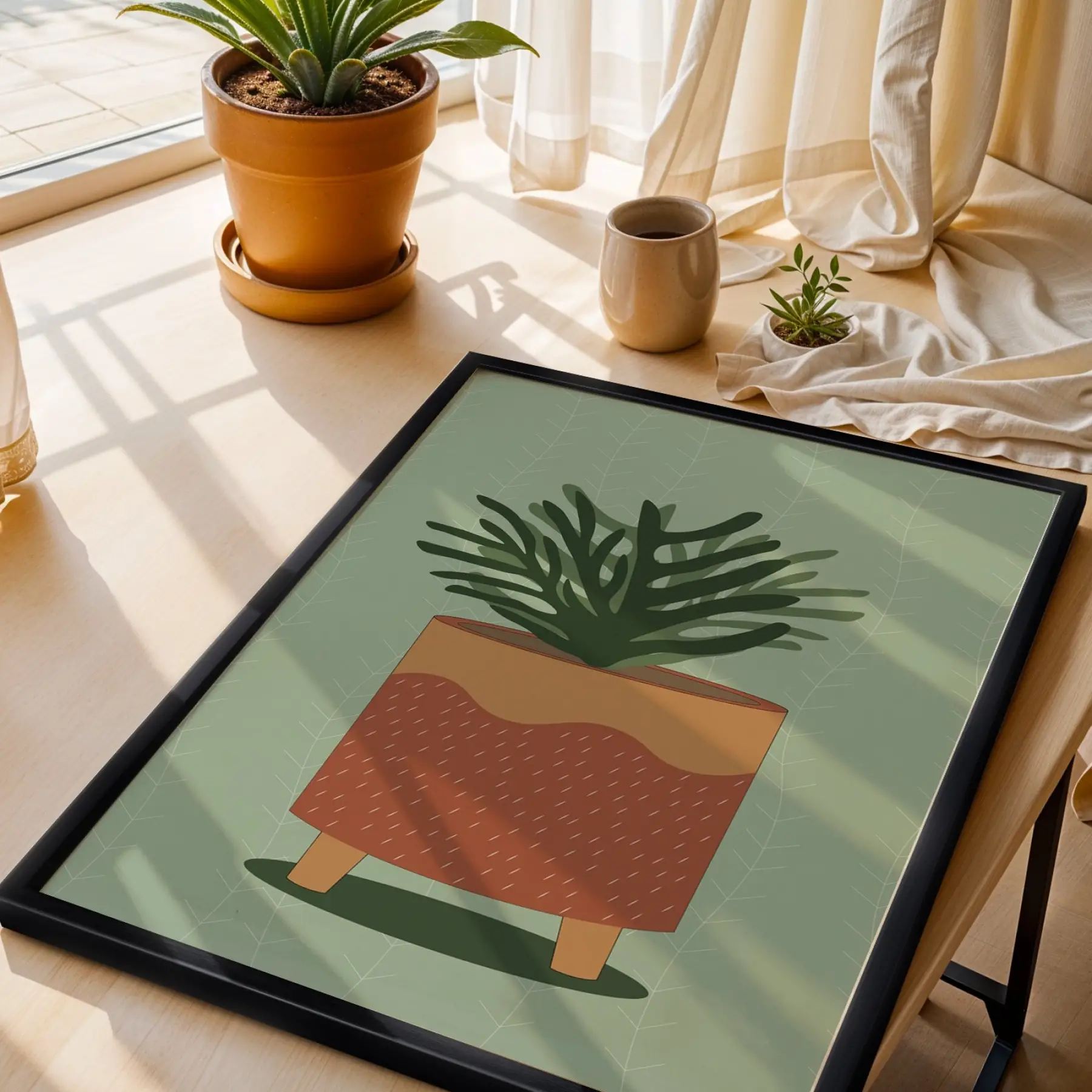 Minimalist Saksı İlüstrasyonu Siyah Ahşap Çerçeveli Tablo Salon Oturma Odası Duvar Dekoru Poster