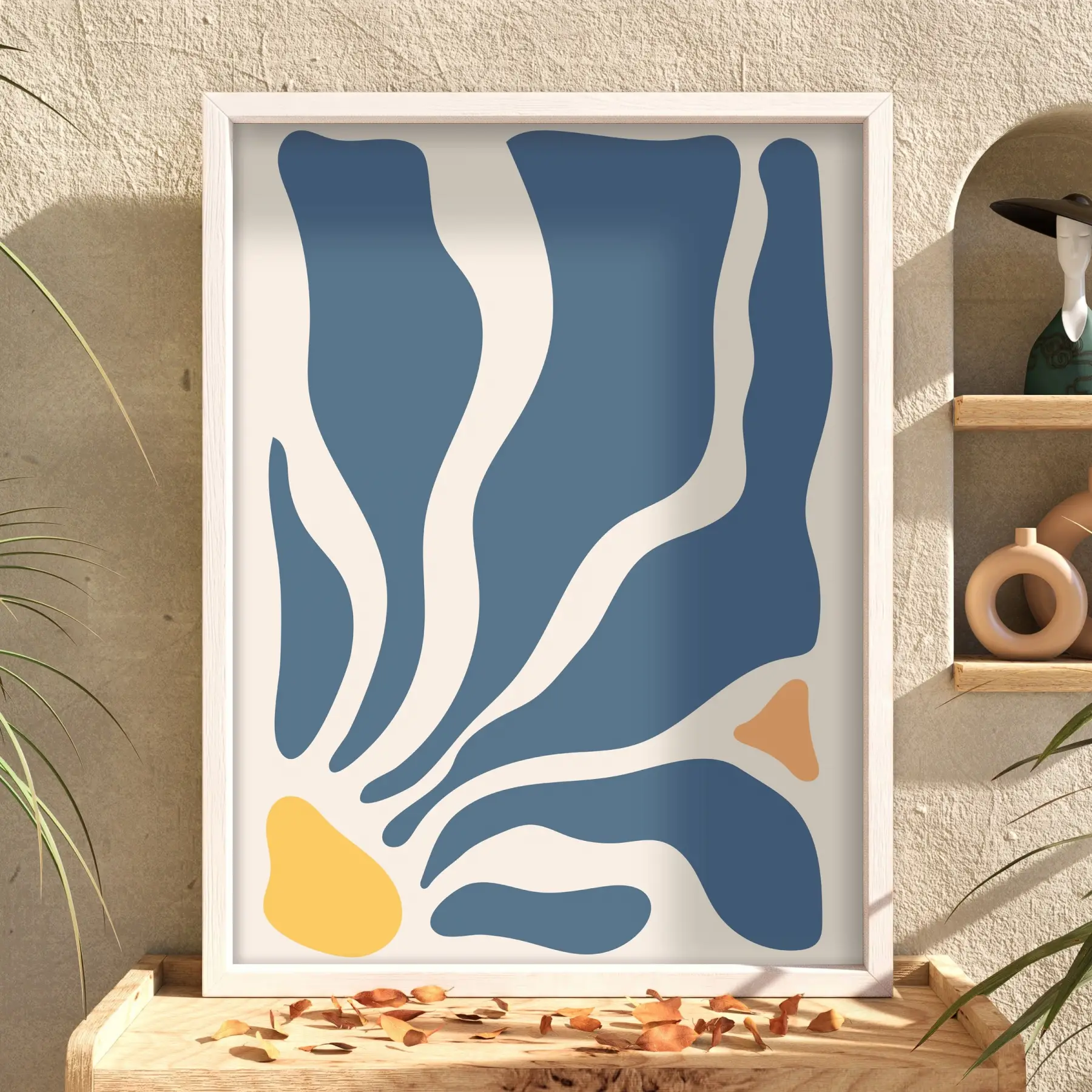 Mavi Organik Soyut Sanat Beyaz Ahşap Çerçeveli Tablo Aksesuarları Modern İç Mekan Yatak