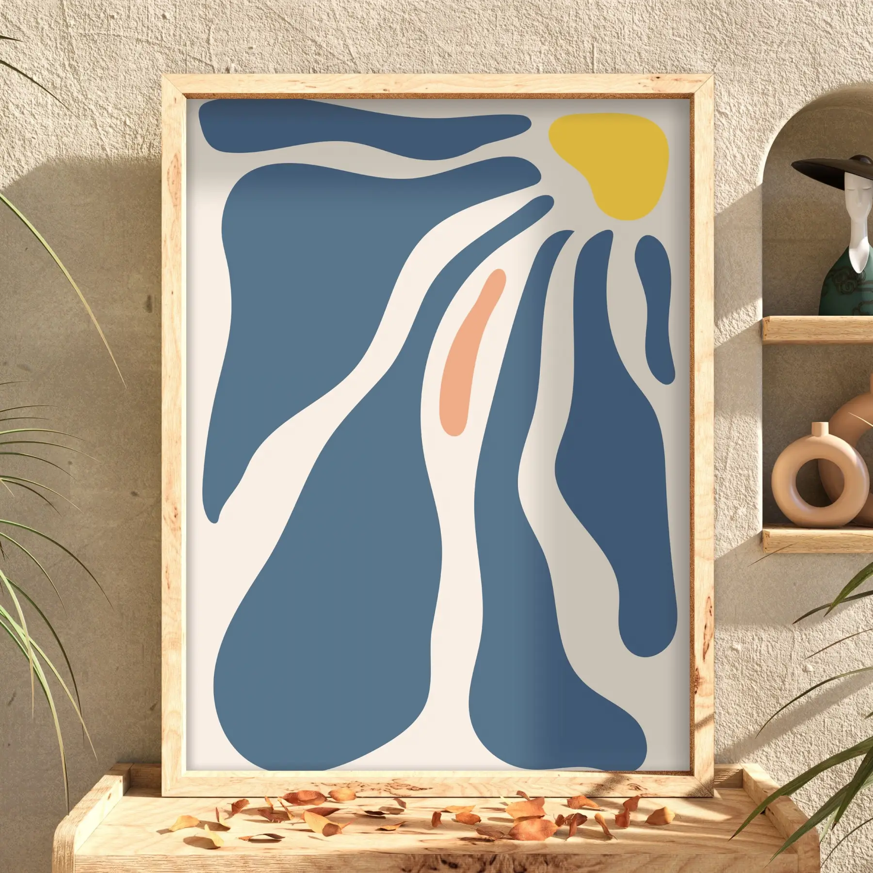 Akışkan Mavi Organik Soyut Doğal Ahşap Çerçeveli Tablo Ev Aksesuarları Modern Sanat İç