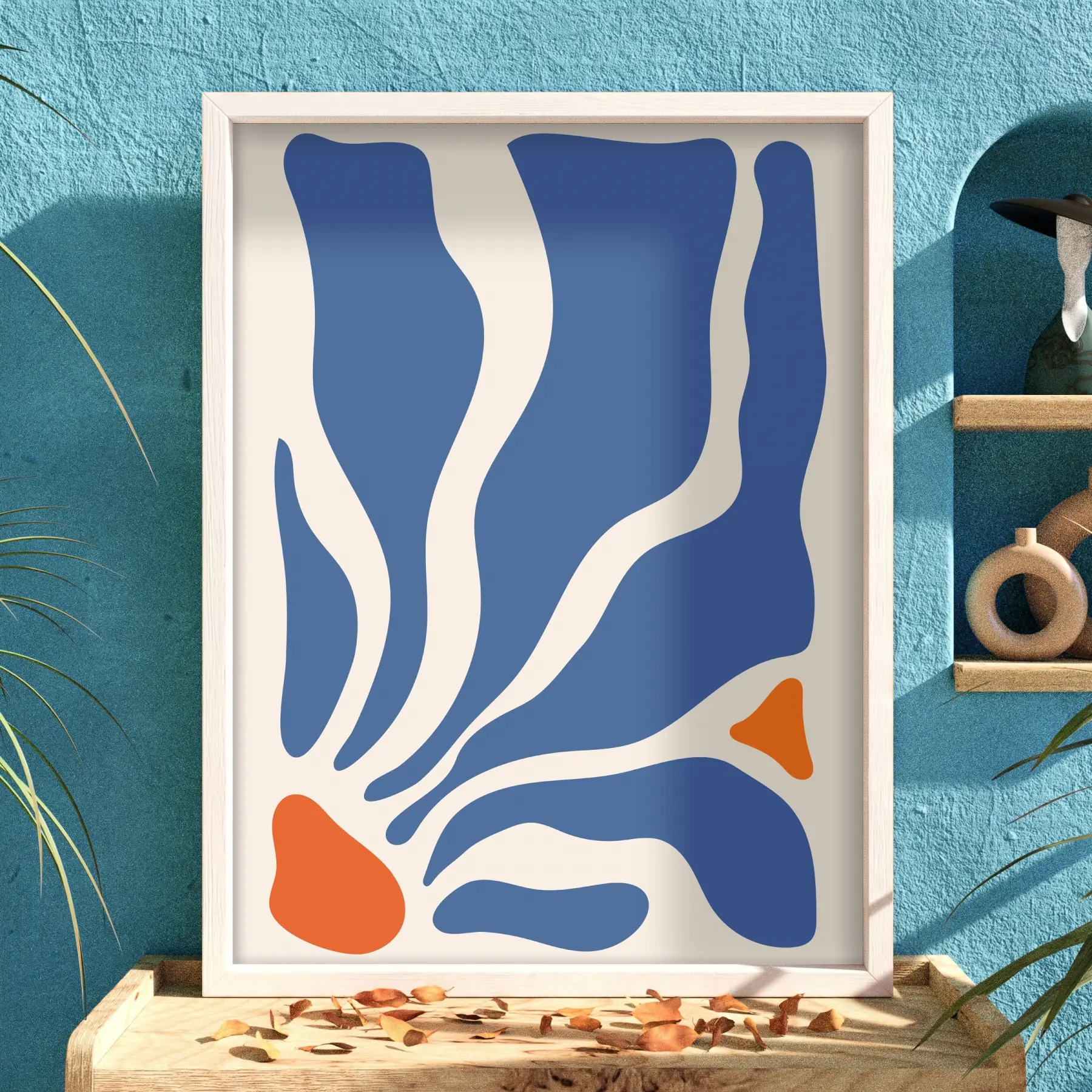Mavi Akışkan Soyut Beyaz Ahşap Çerçeveli Tablo Dekoru Poster Obje Ev Aksesuarları Modern