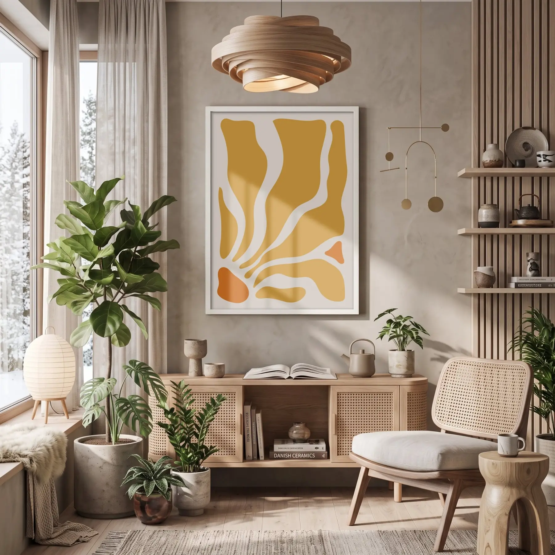 Günışığı Akıcı Desenler Beyaz Ahşap Çerçeveli Tablo Ev Aksesuarları Modern Sanat İç Mekan