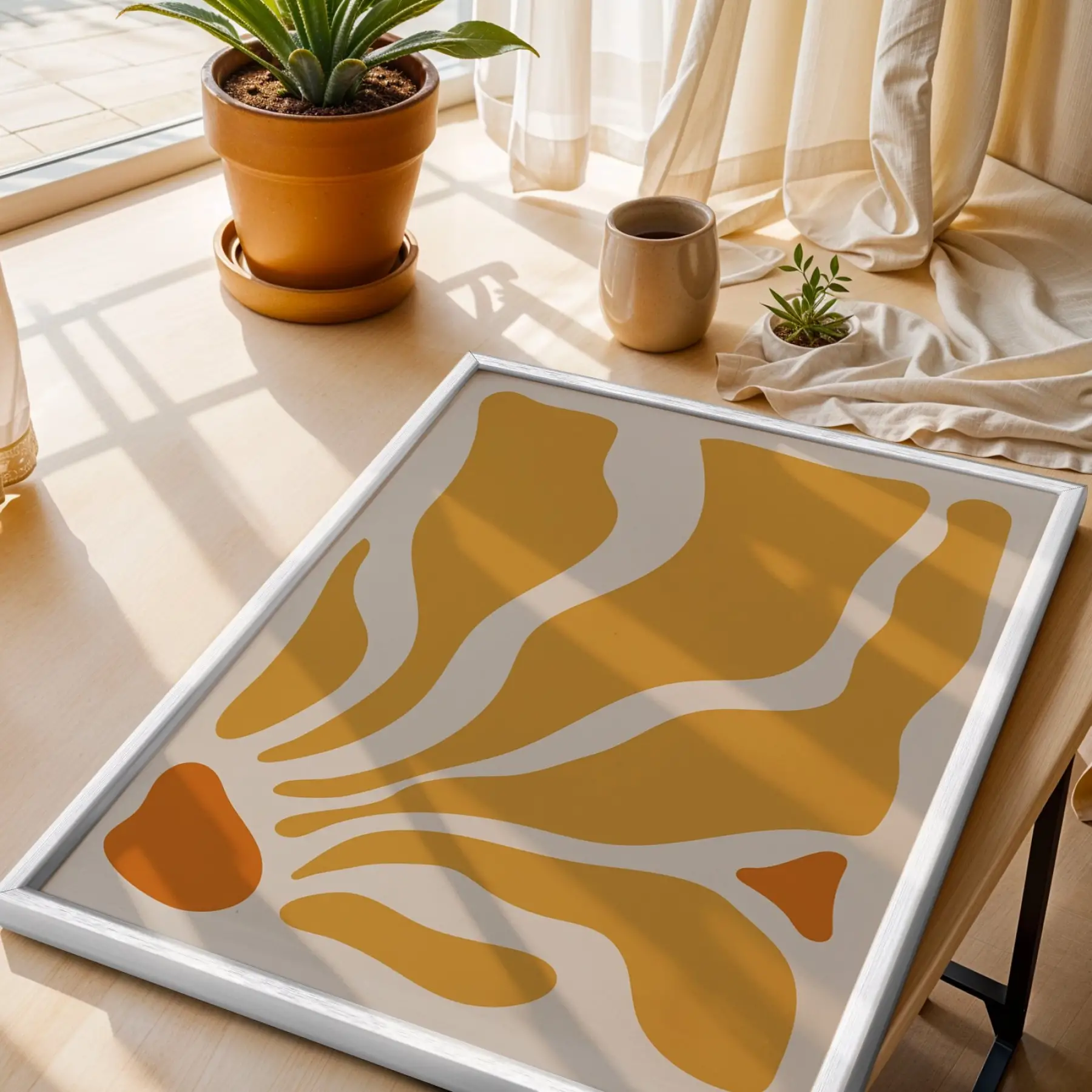 Günışığı Akıcı Desenler Beyaz Ahşap Çerçeveli Tablo Ev Aksesuarları Modern Sanat İç Mekan