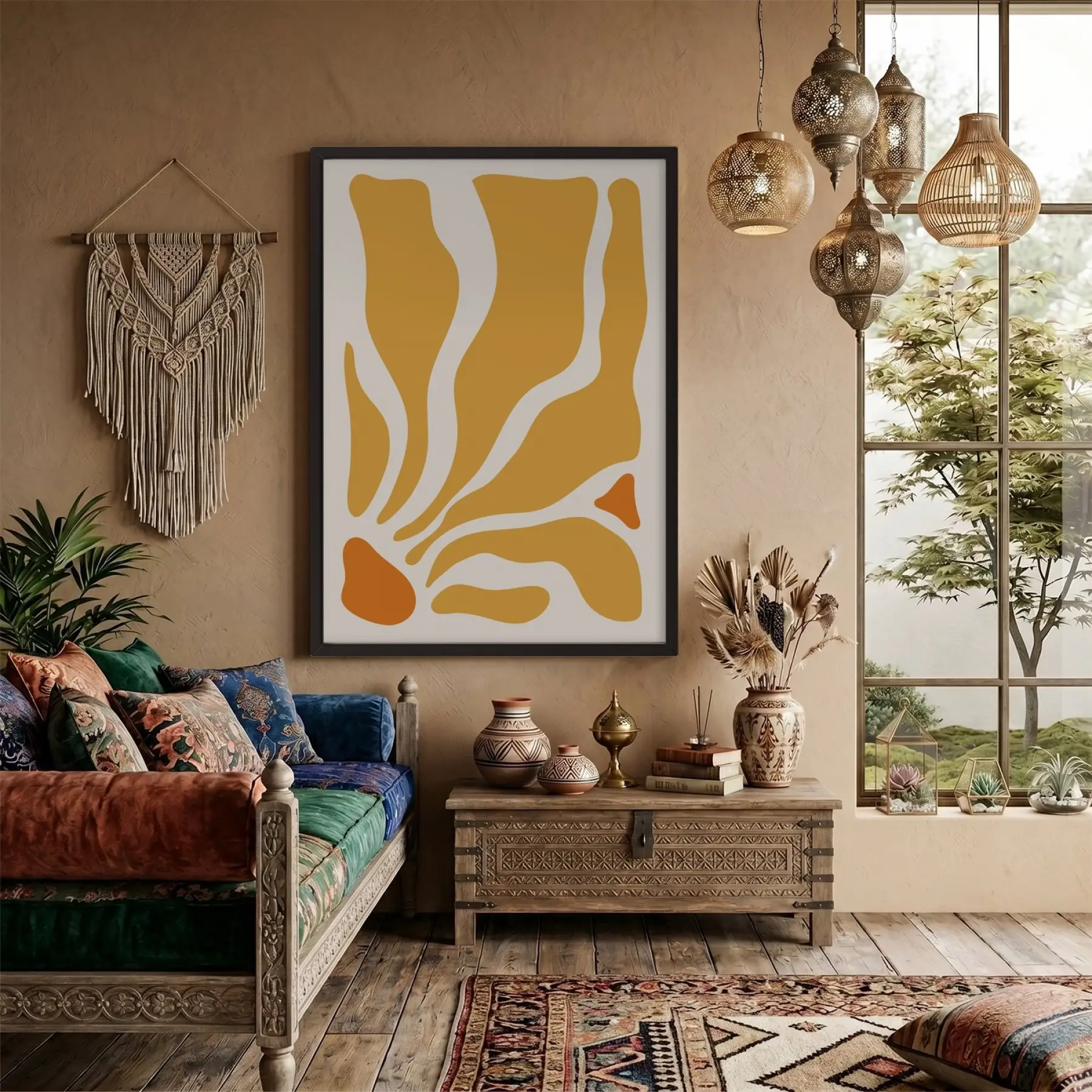 Günışığı Akıcı Desenler Siyah Ahşap Çerçeveli Tablo Dekoratif Obje Ev Aksesuarları Modern Sanat