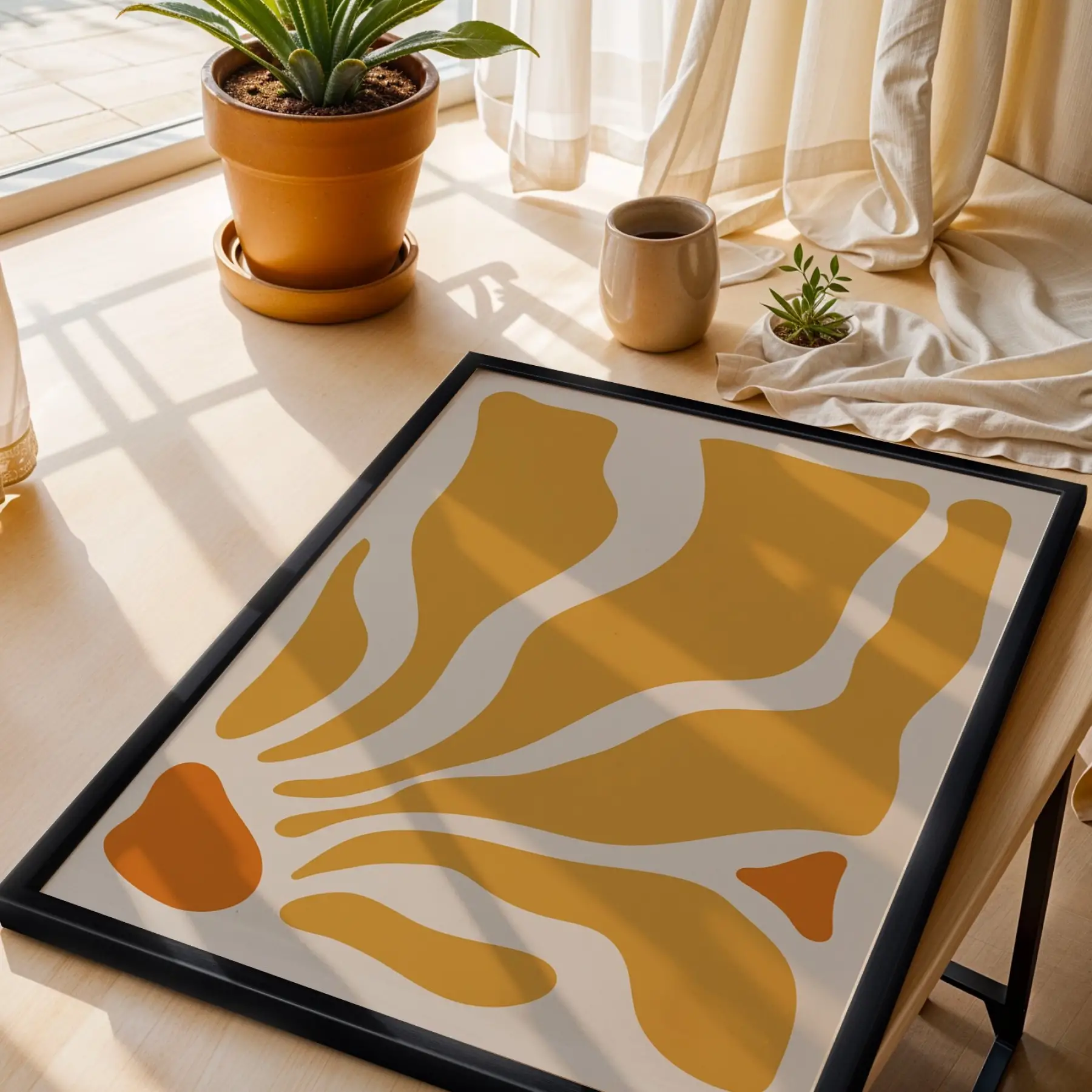 Günışığı Akıcı Desenler Siyah Ahşap Çerçeveli Tablo Dekoratif Obje Ev Aksesuarları Modern Sanat